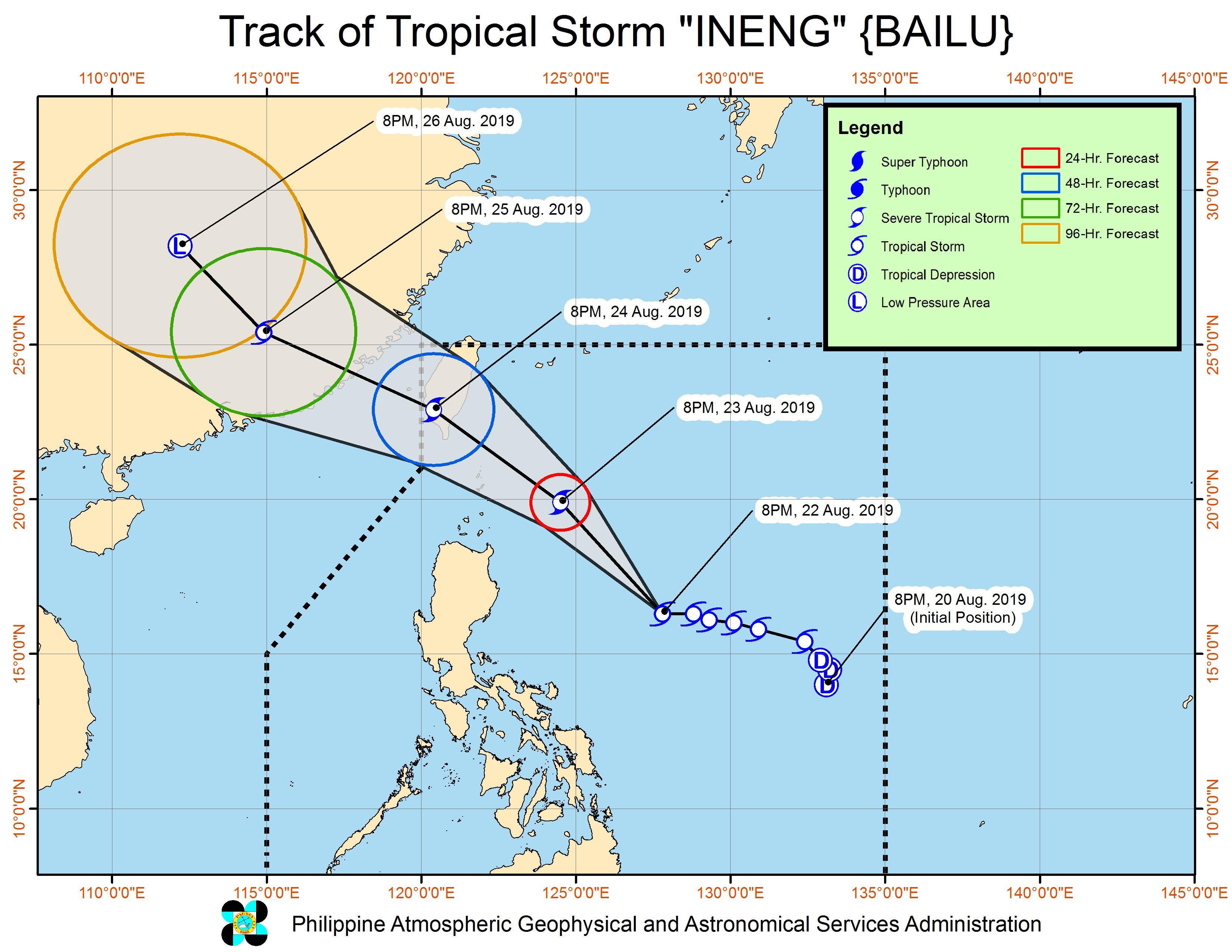 Forecast track of Tropical Storm Ineng (Bailu) as of August 22, 2019, 11 pm. Image from PAGASA 