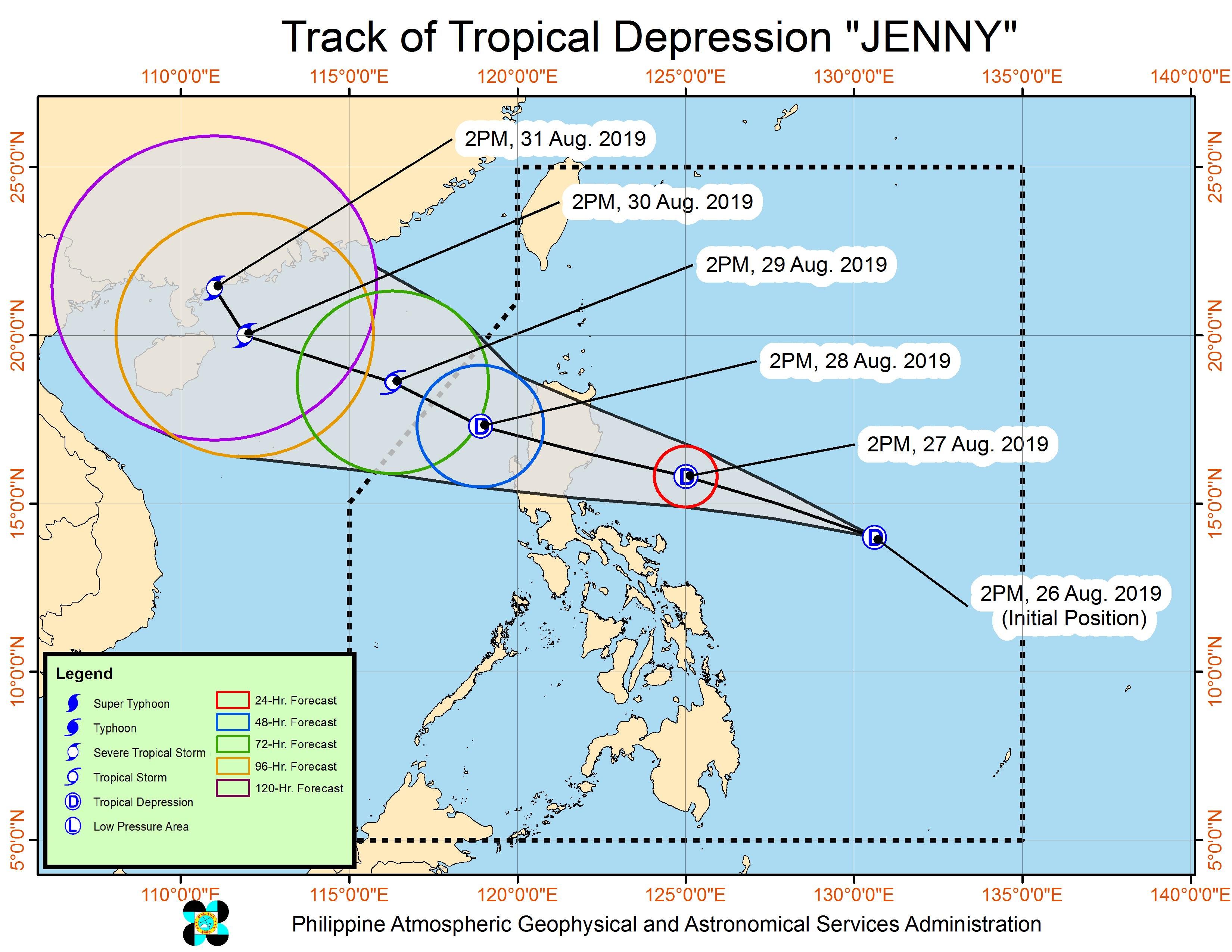 Forecast track of Tropical Depression Jenny as of August 26, 2019, 5 pm. Image from PAGASA 