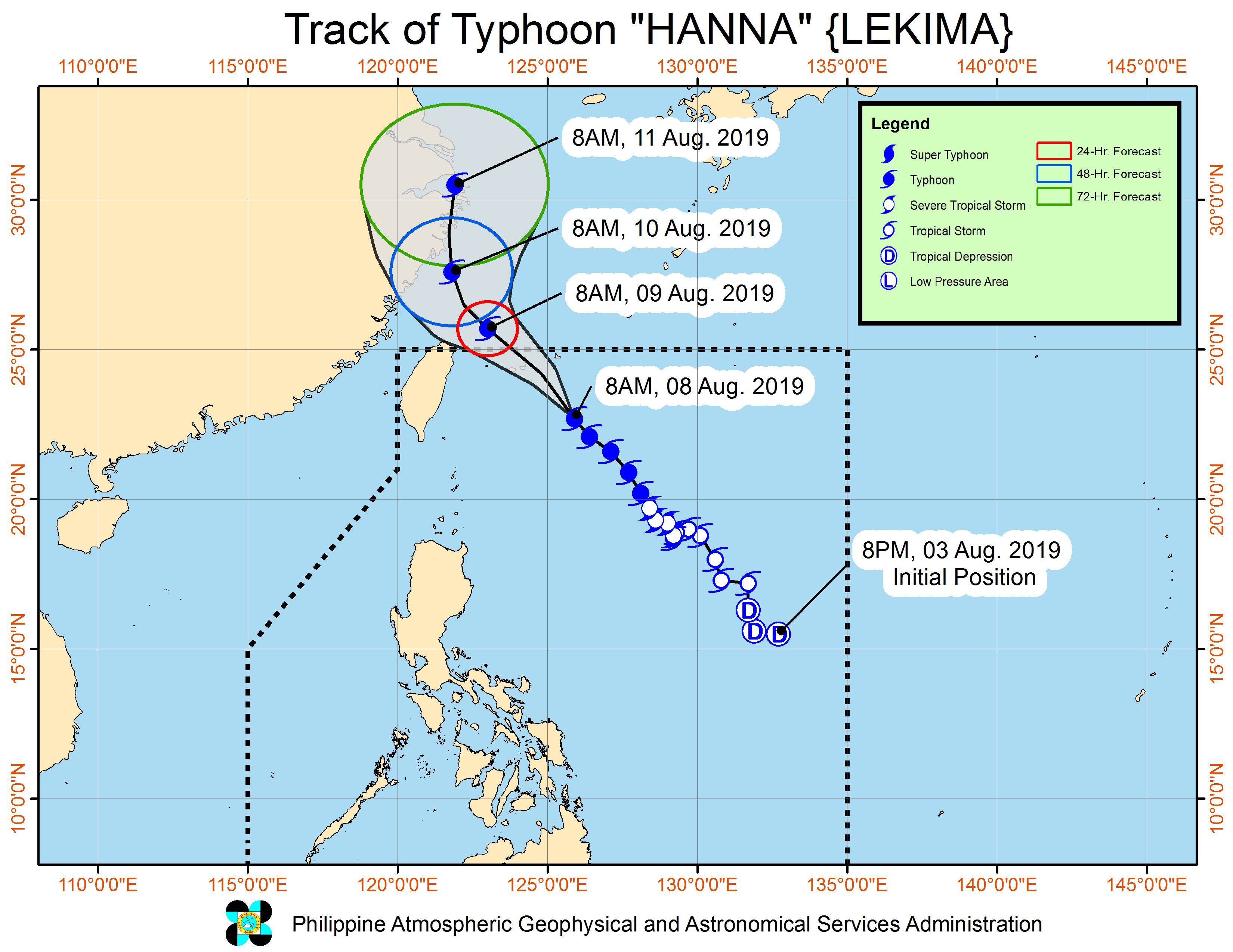 Forecast track of Typhoon Hanna (Lekima) as of August 8, 2019, 11 am. Image from PAGASA 