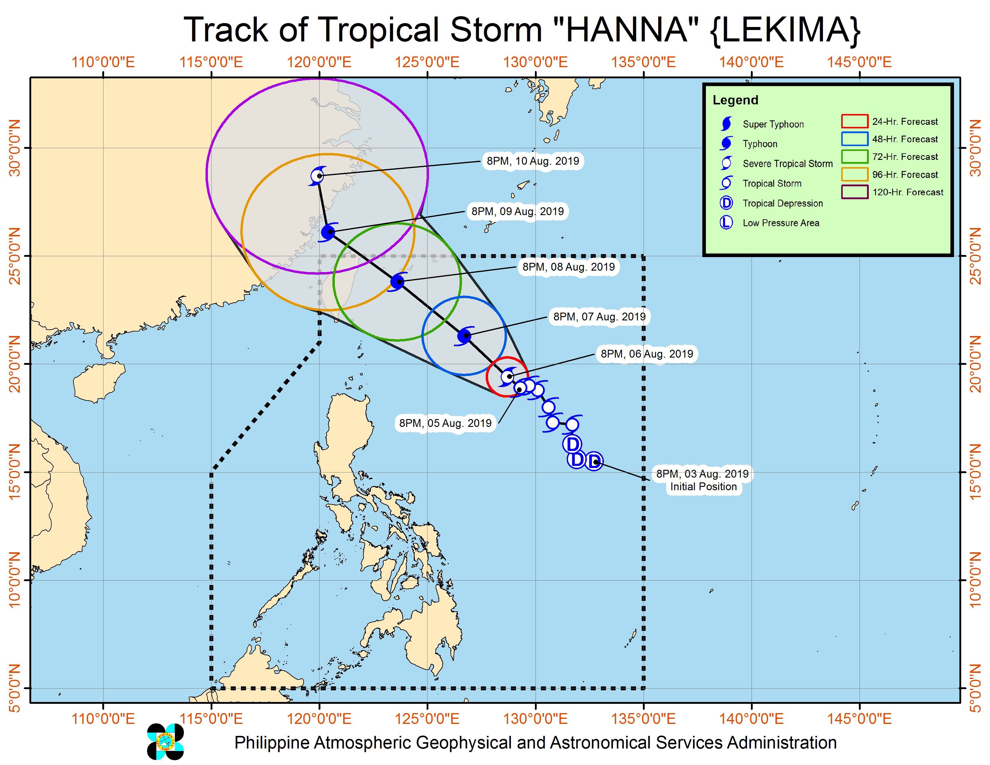Forecast track of Tropical Storm Hanna (Lekima) as of August 5, 2019, 11 pm. Image from PAGASA 