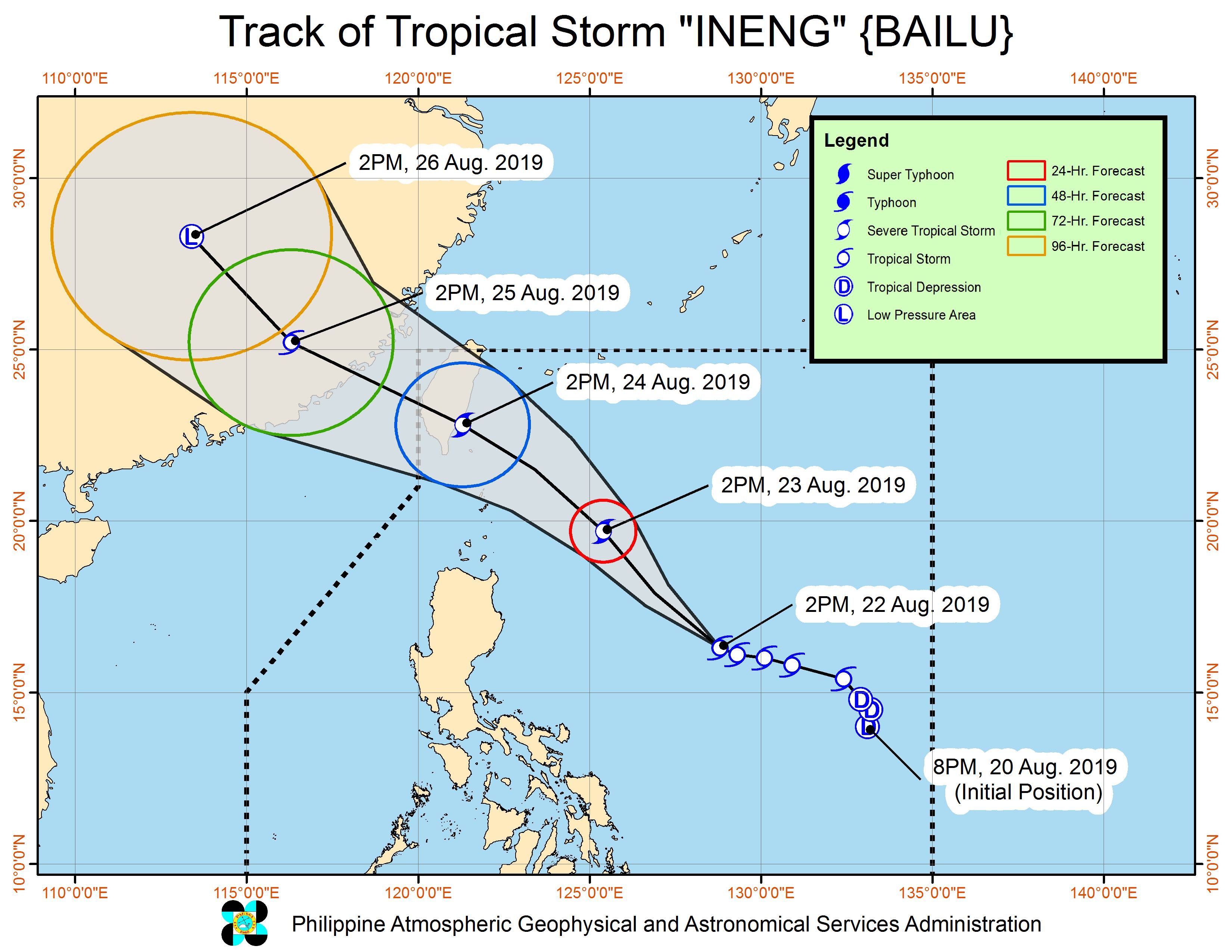Forecast track of Tropical Storm Ineng (Bailu) as of August 22, 2019, 5 pm. Image from PAGASA 