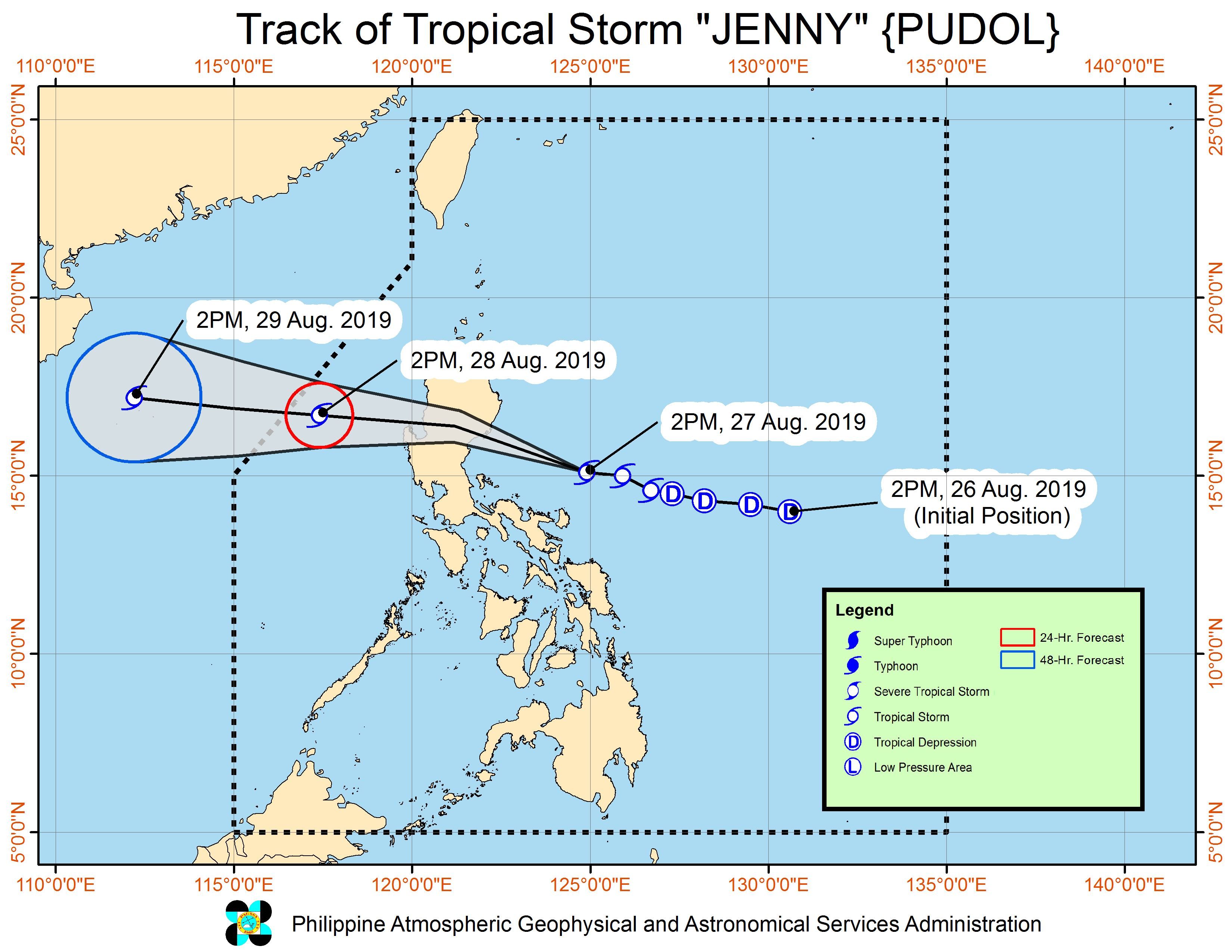 Forecast track of Tropical Storm Jenny (Podul) as of August 27, 2019, 5 pm. Image from PAGASA   