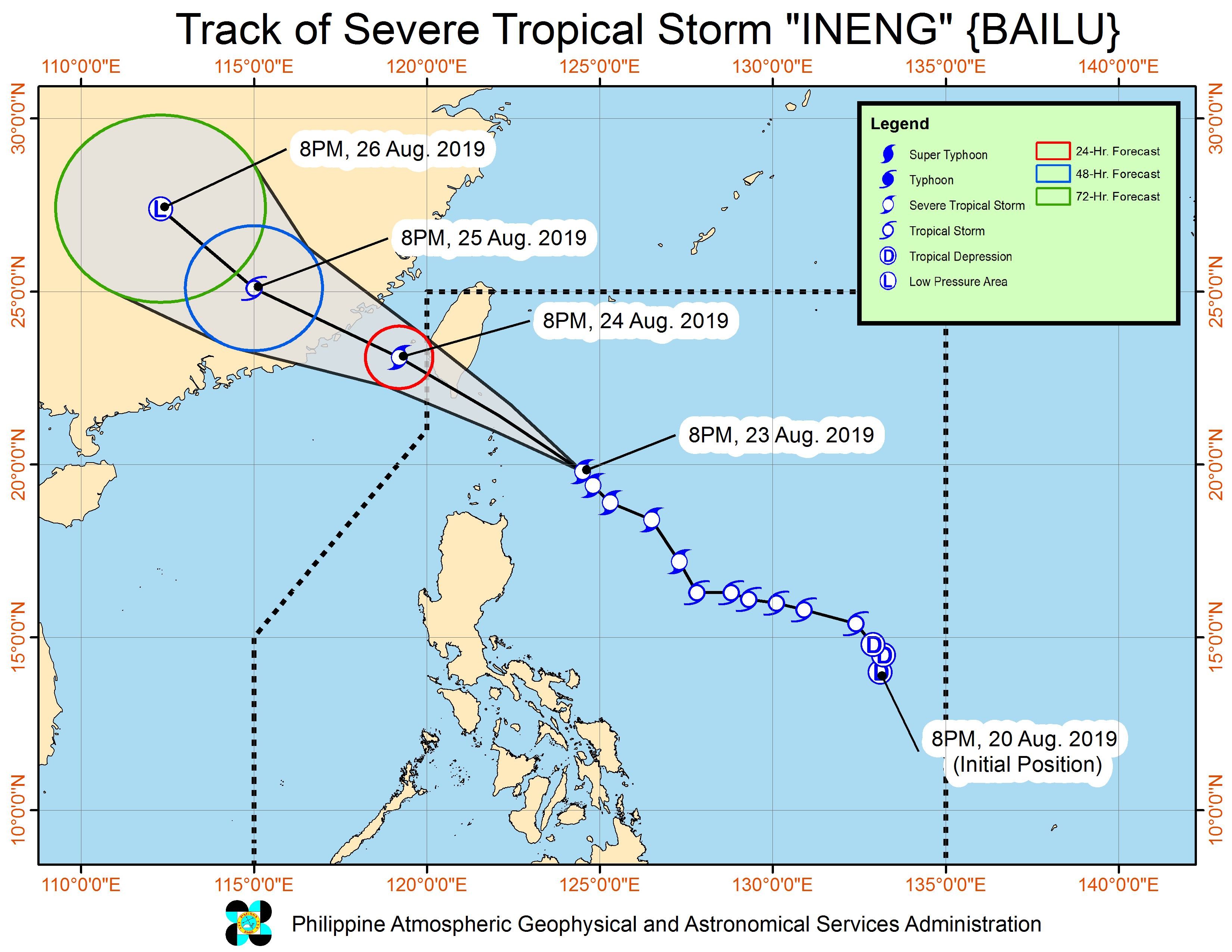 Forecast track of Severe Tropical Storm Ineng (Bailu) as of August 23, 2019, 11 pm. Image from PAGASA 
