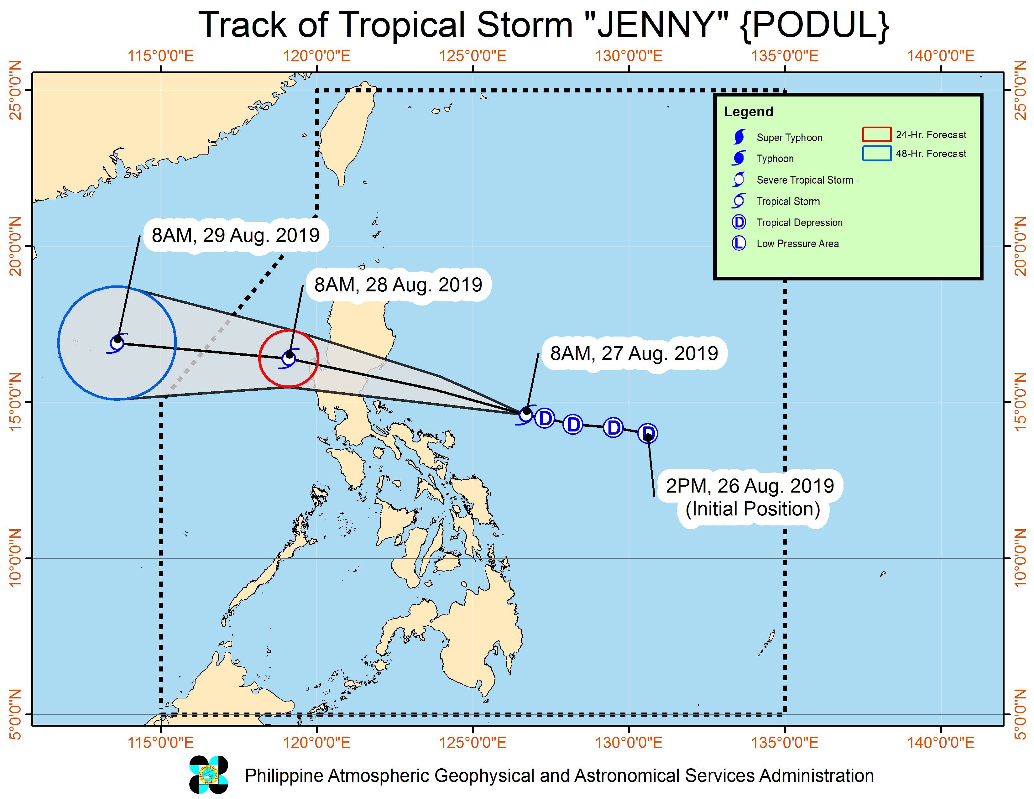 Forecast track of Tropical Storm Jenny (Podul) as of August 27, 2019, 11 am. Image from PAGASA 