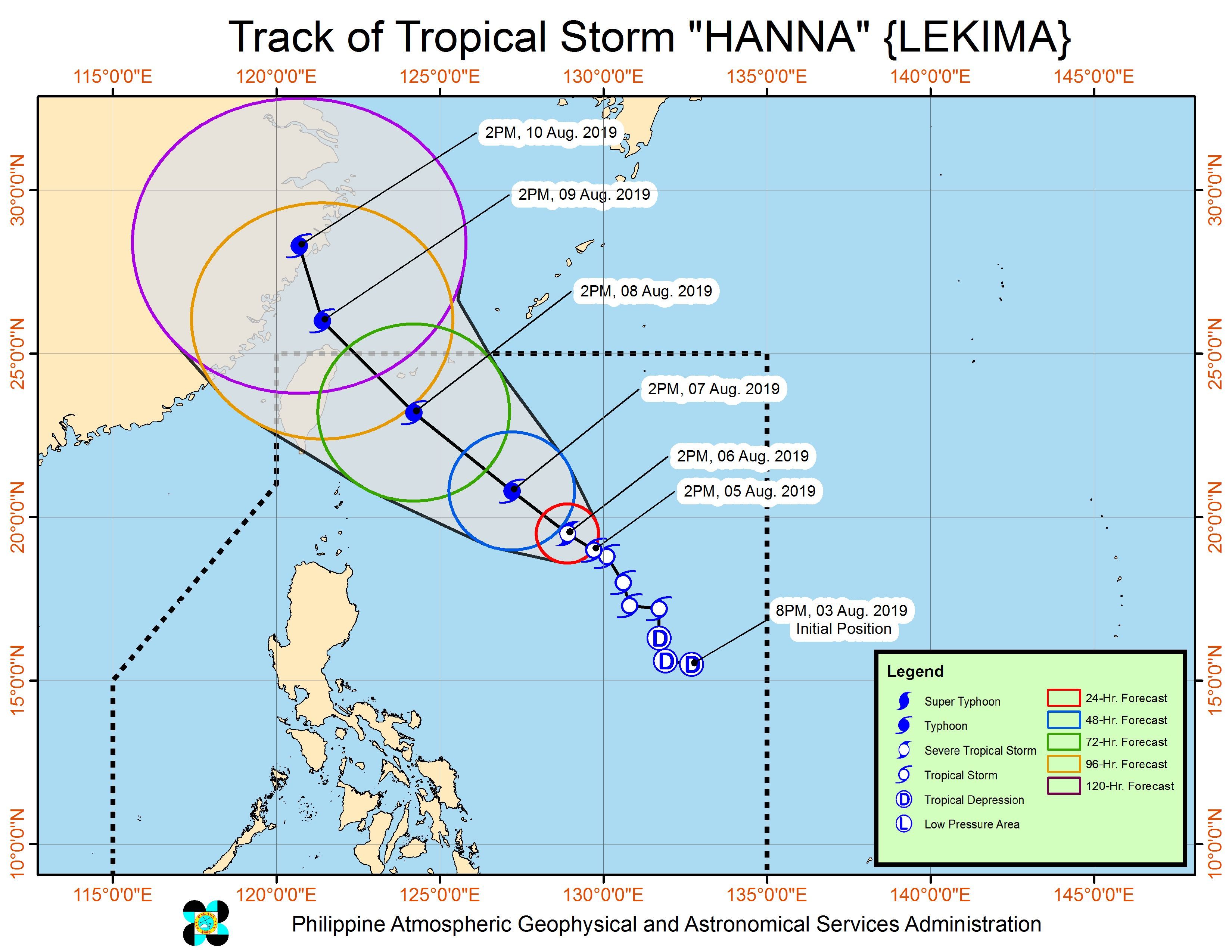 Forecast track of Tropical Storm Hanna (Lekima) as of August 5, 2019, 5 pm. Image from PAGASA 