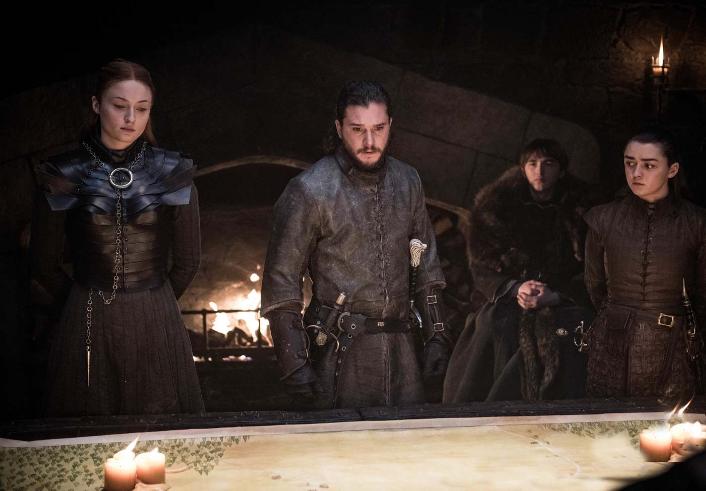 (L to R) Sophie Turner as Sansa Stark, Kit Harington as Jon Snow, Isaac Hempstead Wright as Bran Stark, andMaisieWilliamsasAryaStark -Photo:HelenSloan/HBO 