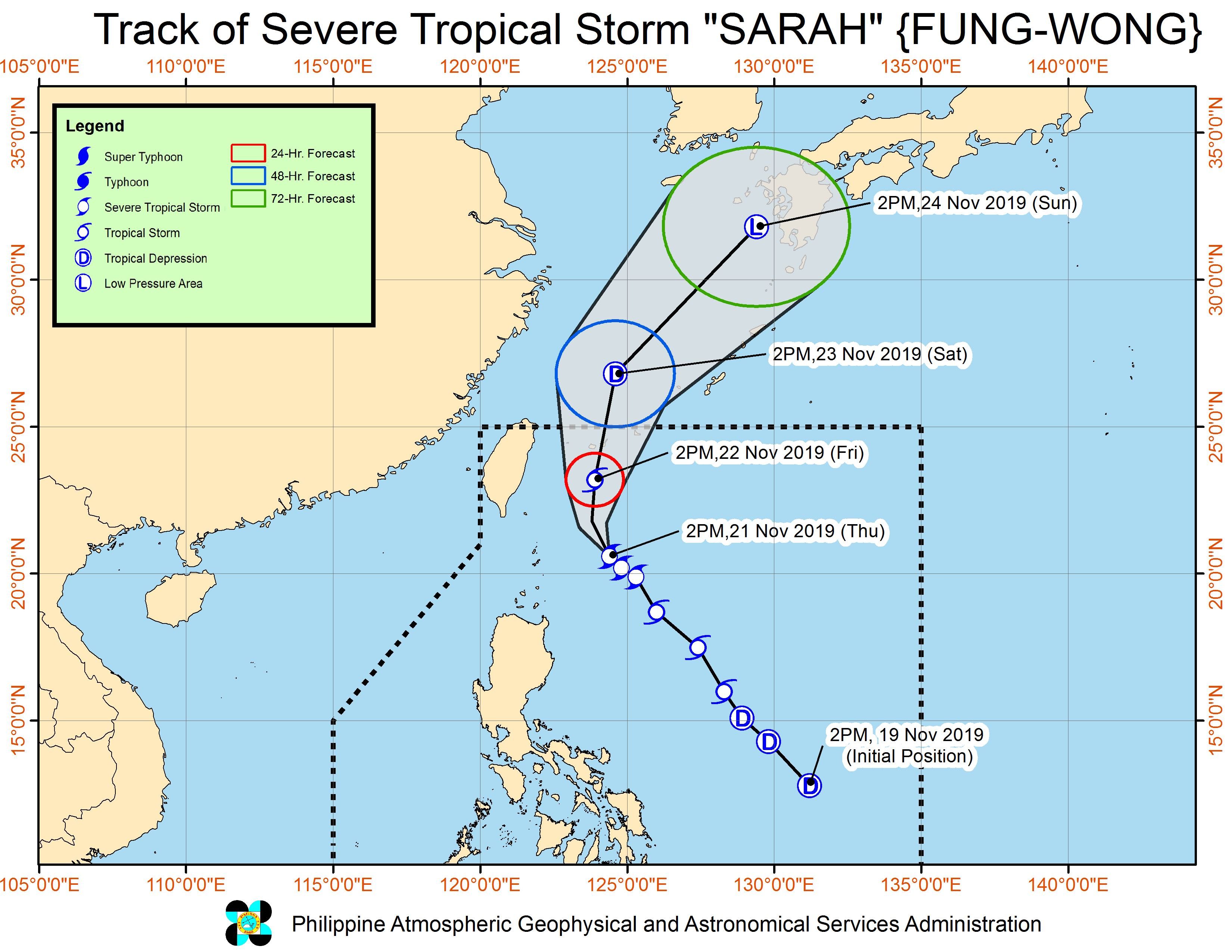 Forecast track of Severe Tropical Storm Sarah (Fung-wong) as of November 21, 2019, 5 pm. Image from PAGASA 