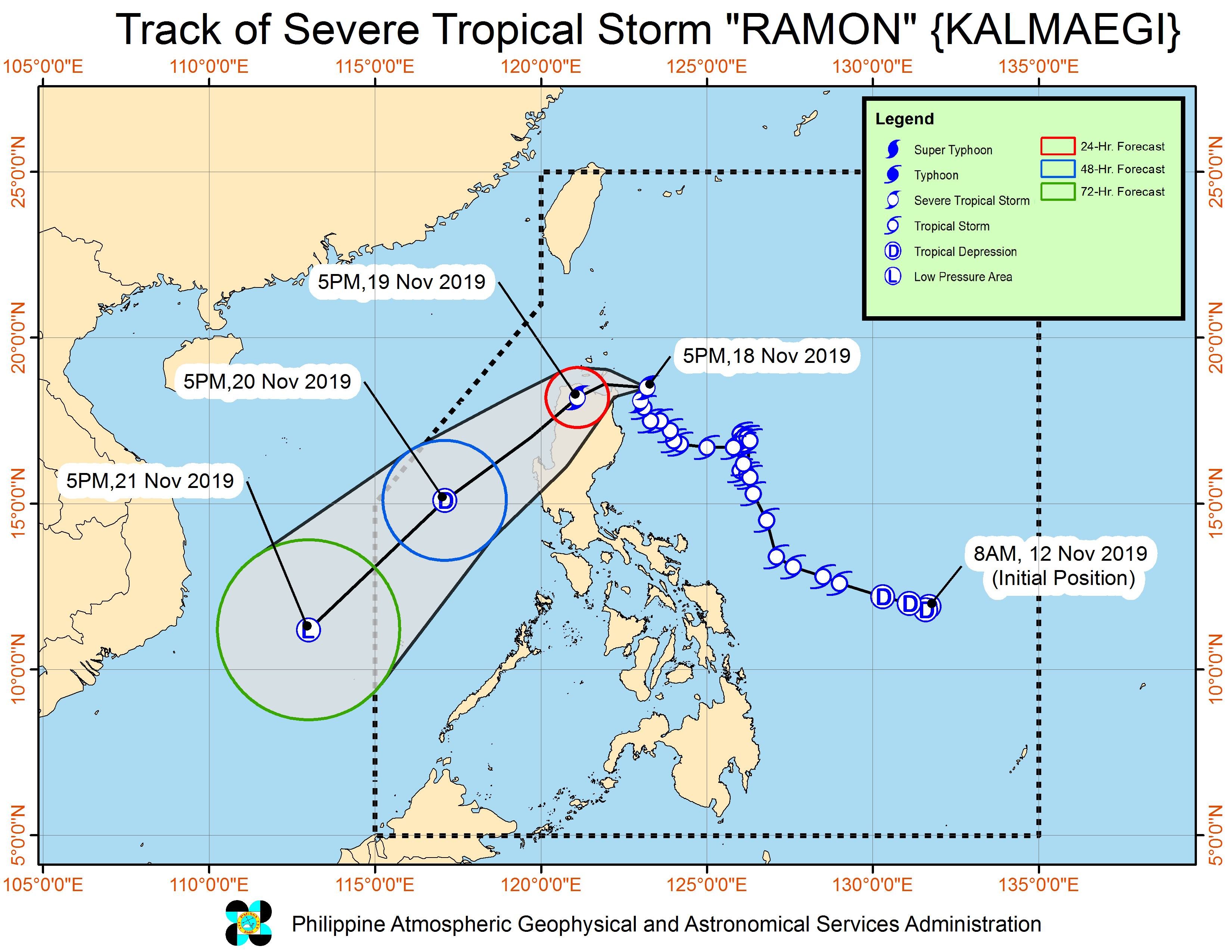 Forecast track of Severe Tropical Storm Ramon (Kalmaegi) as of November 18, 2019, 8 pm. Image from PAGASA 