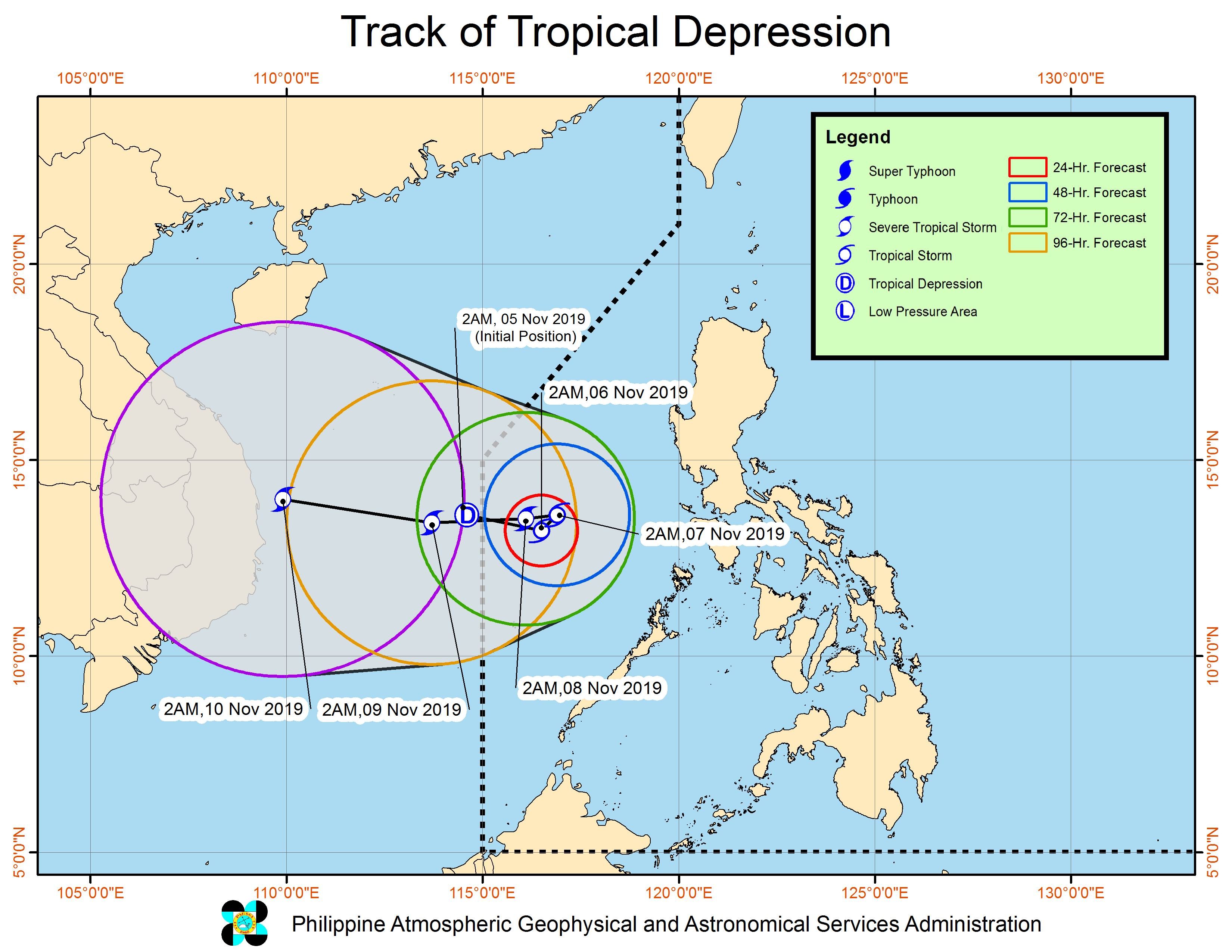 Forecast track of the tropical depression as of November 5, 2019, 5 am. Image from PAGASA 