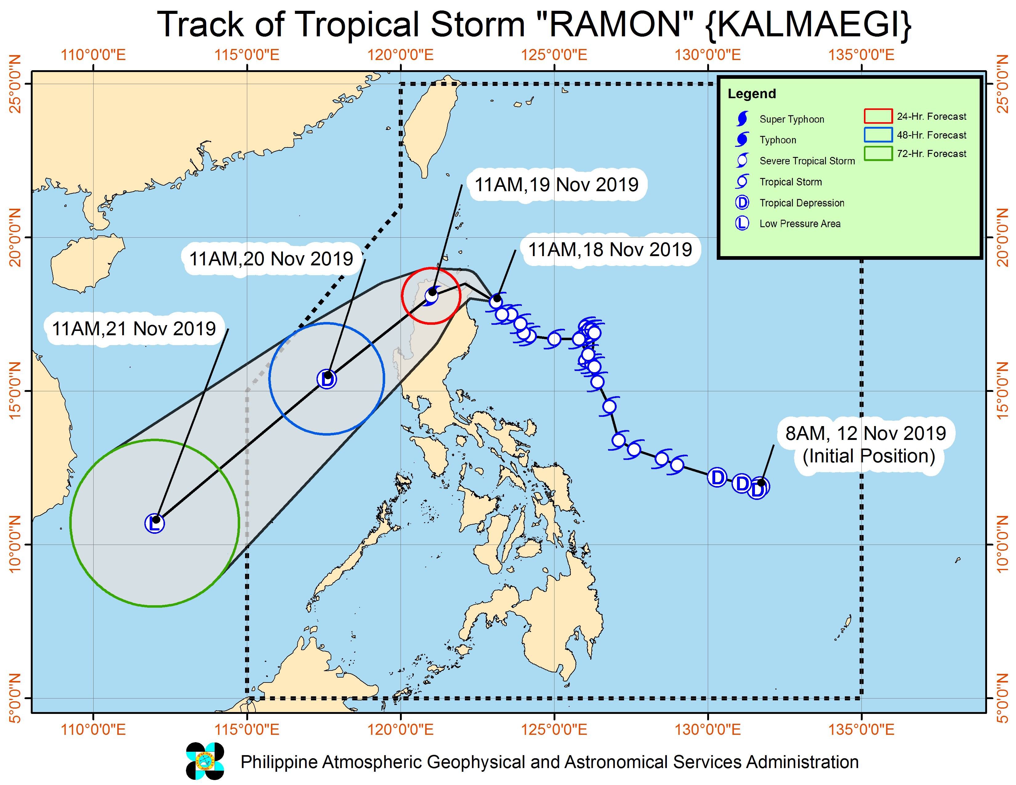 Forecast track of Tropical Storm Ramon (Kalmaegi) as of November 18, 2019, 2 pm. Image from PAGASA 