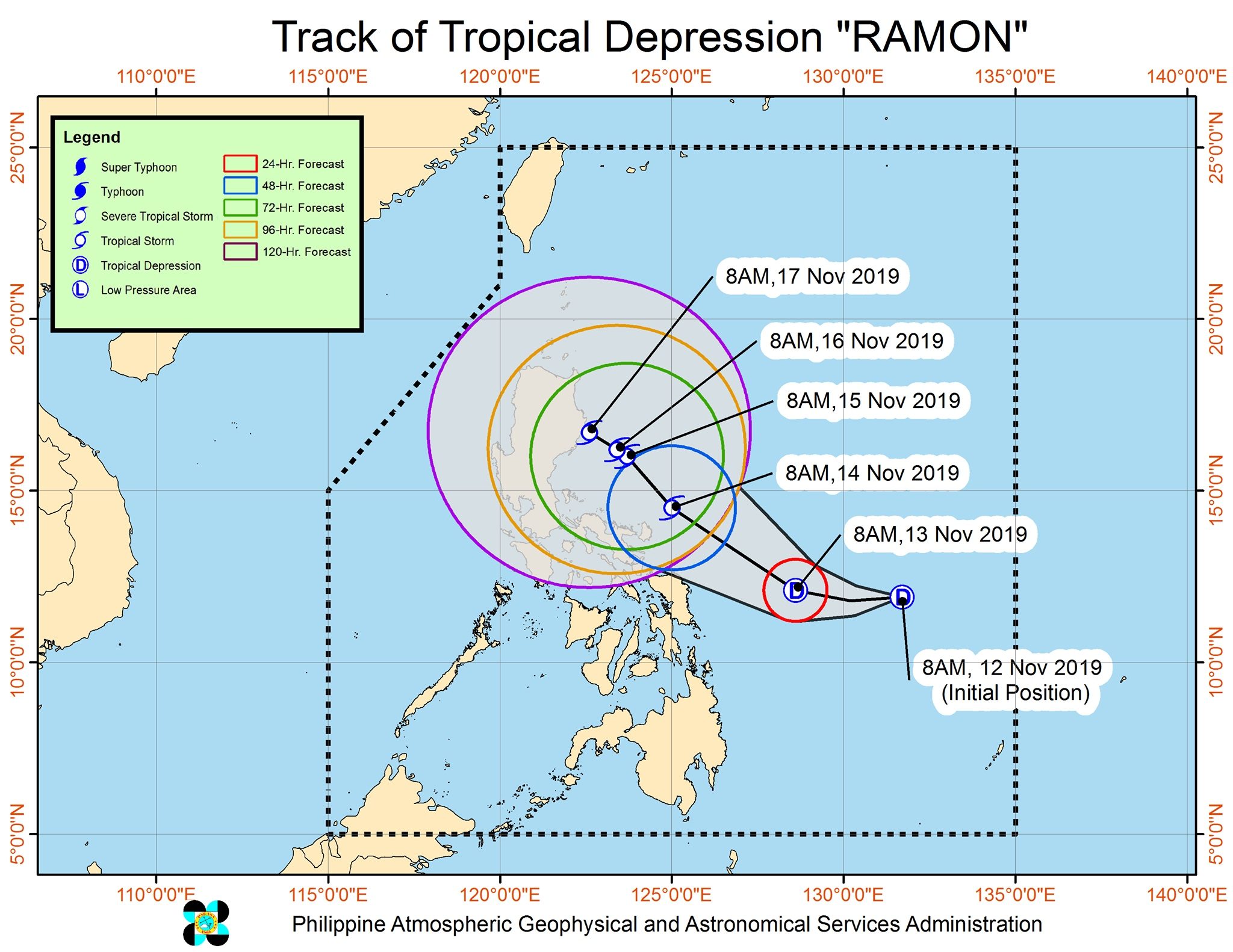 Forecast track of Tropical Depression Ramon as of November 12, 2019, 11 am. Image from PAGASA 