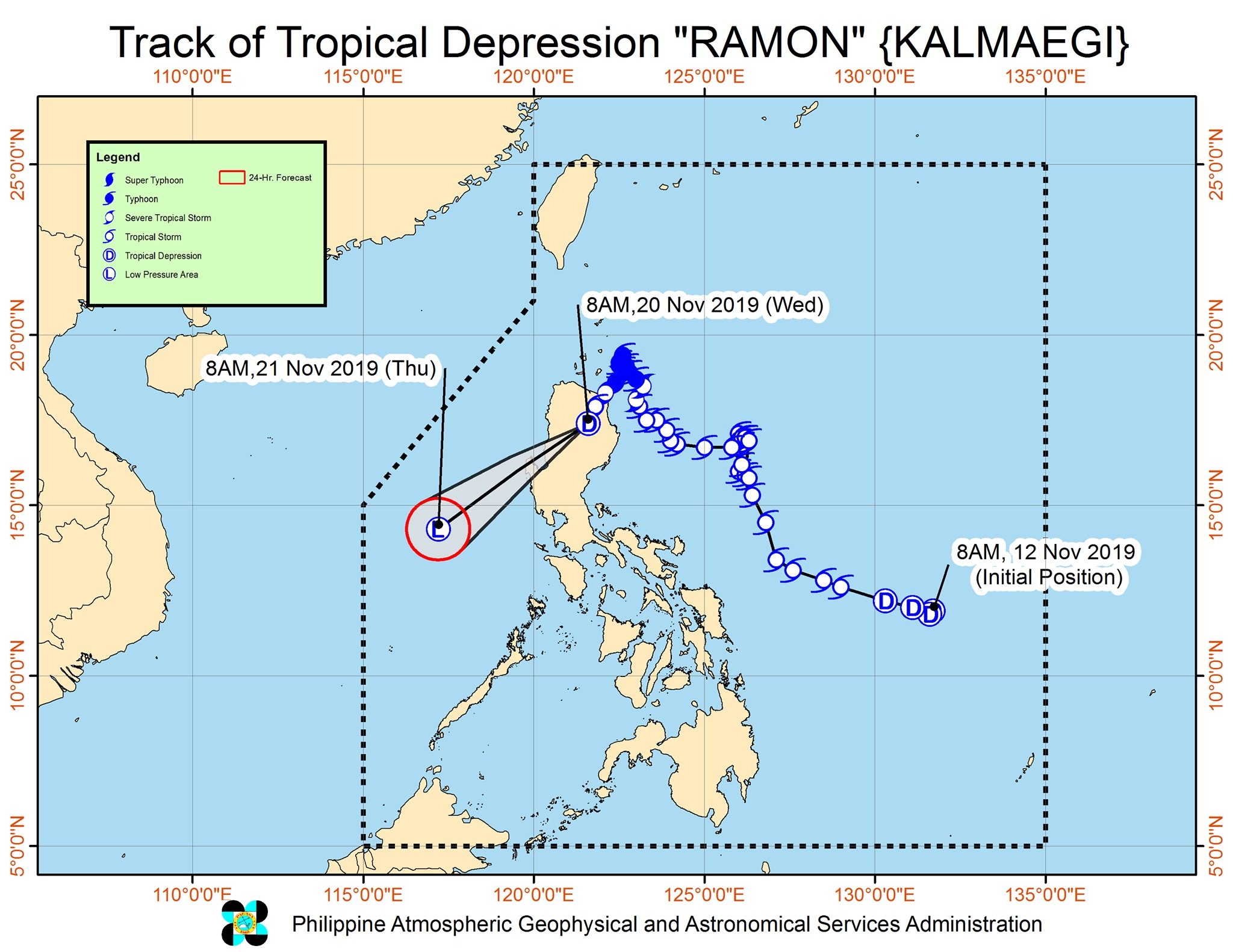 Forecast track of Tropical Depression Ramon (Kalmaegi) as of November 20, 2019, 11 am. Image from PAGASA 