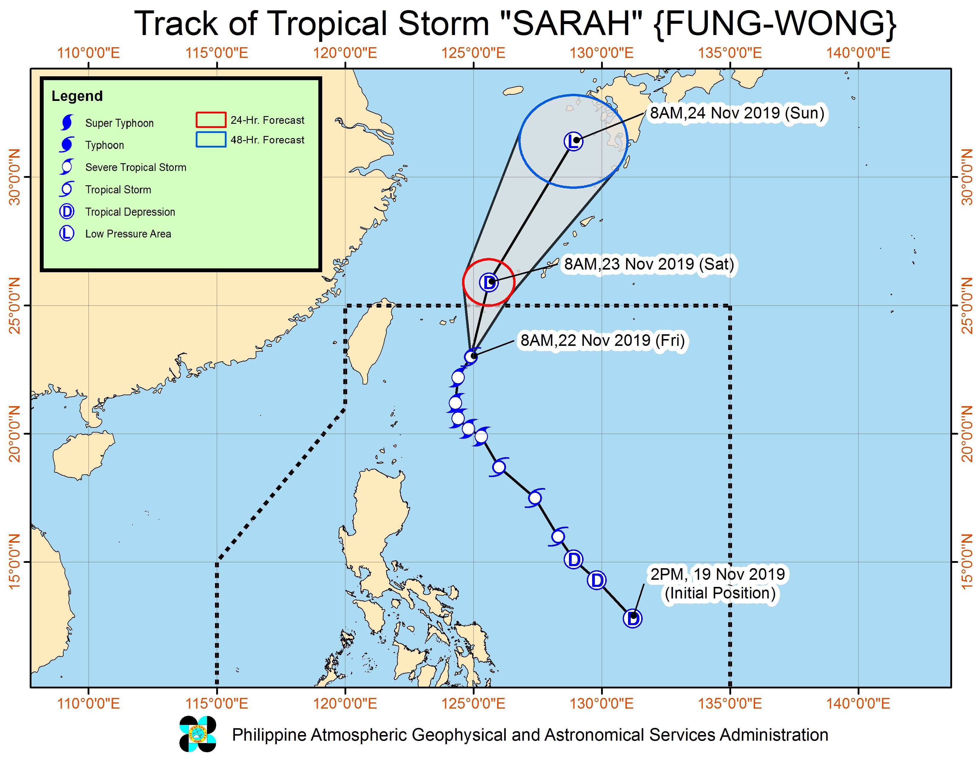 Forecast track of Tropical Storm Sarah (Fung-wong) as of November 22, 2019, 11 am. Image from PAGASA 