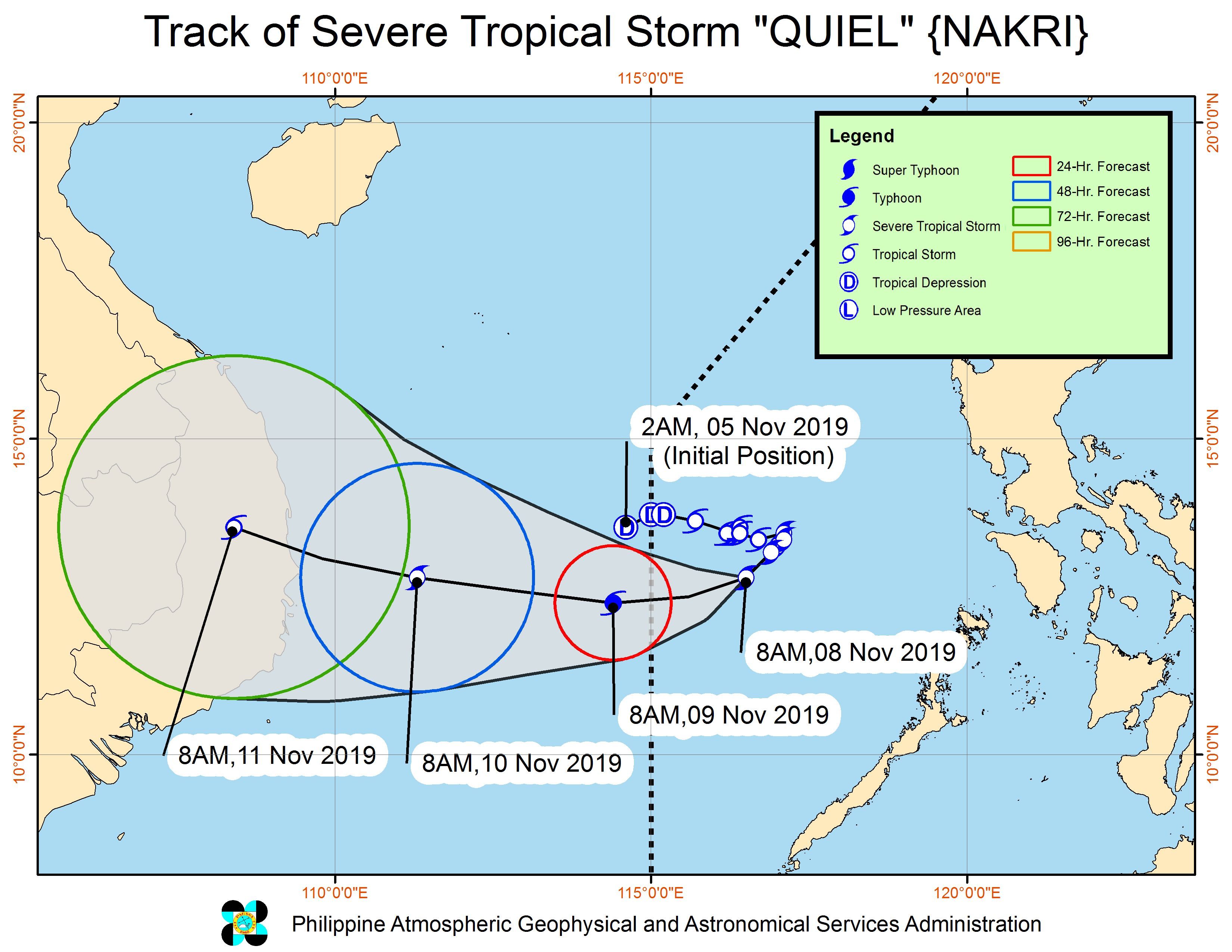 Forecast track of Severe Tropical Storm Quiel (Nakri) as of November 8, 2019, 11 am. Image from PAGASA 