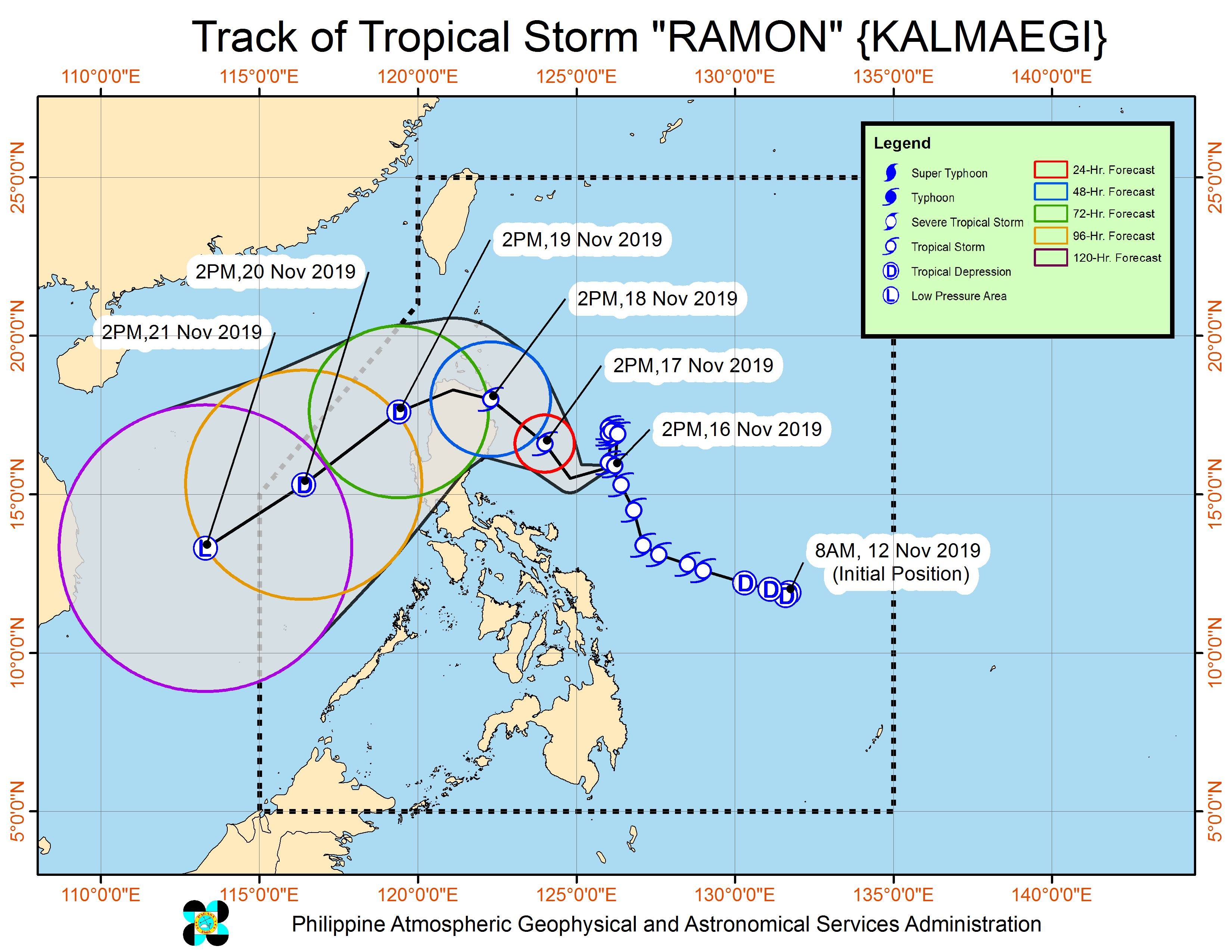 Forecast track of Tropical Storm Ramon (Kalmaegi) as of November 16, 2019, 5 pm. Image from PAGASA 