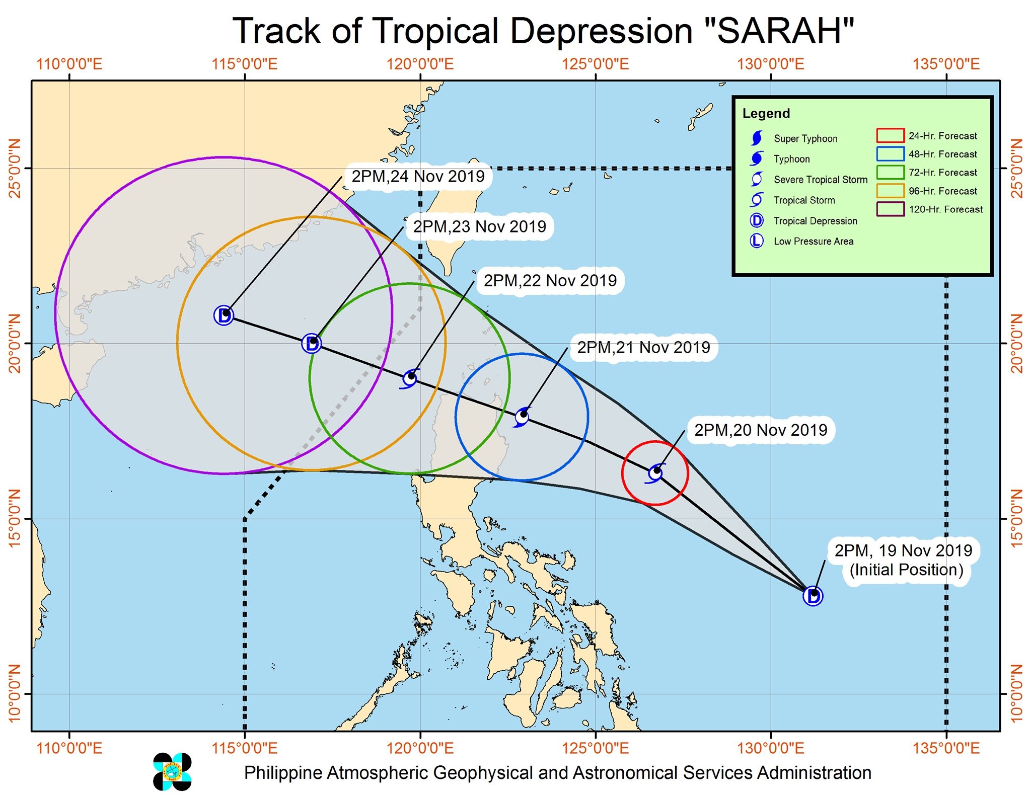 Forecast track of Tropical Depression Sarah as of November 19, 2019, 5 pm. Image from PAGASA 
