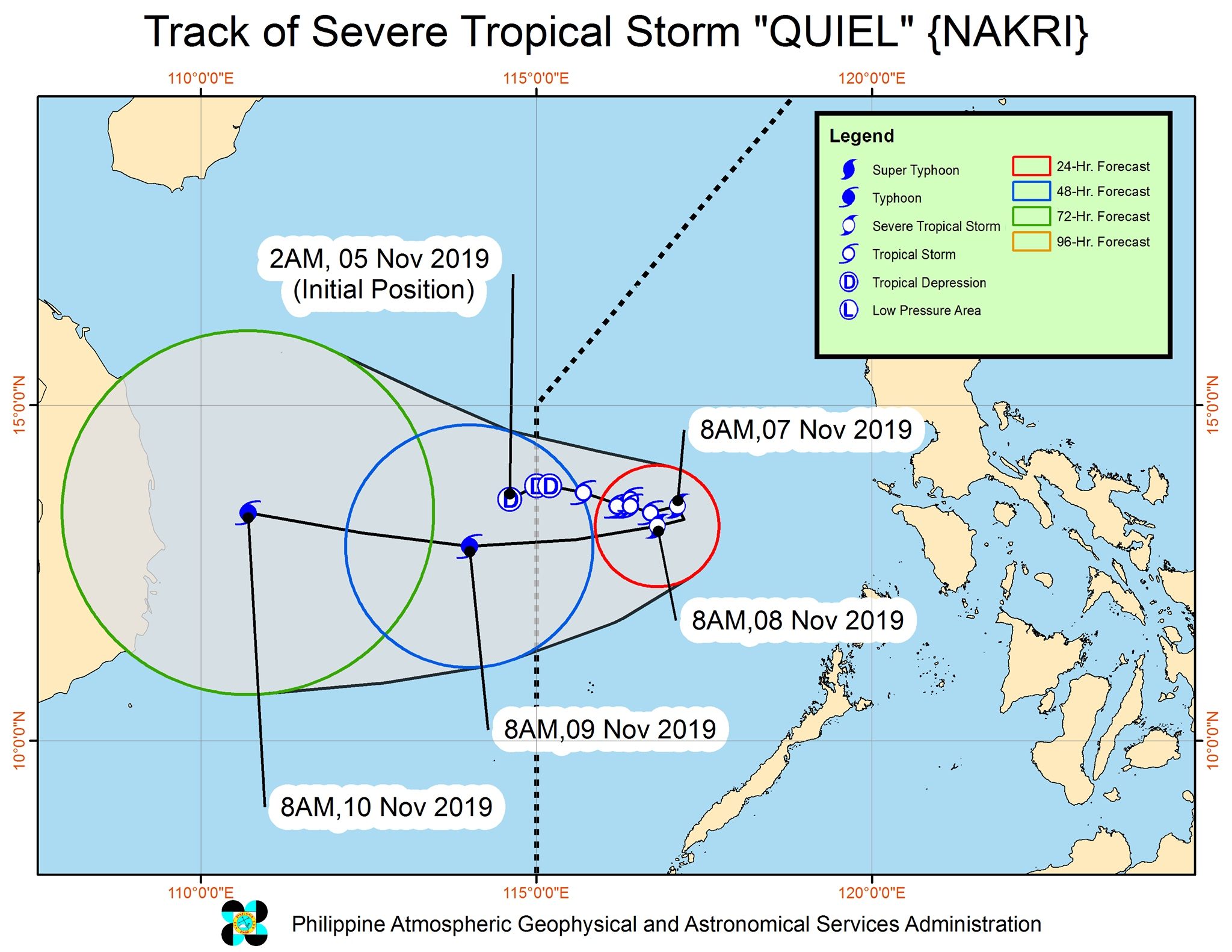 Forecast track of Severe Tropical Storm Quiel (Nakri) as of November 7, 2019, 11 am. Image from PAGASA 