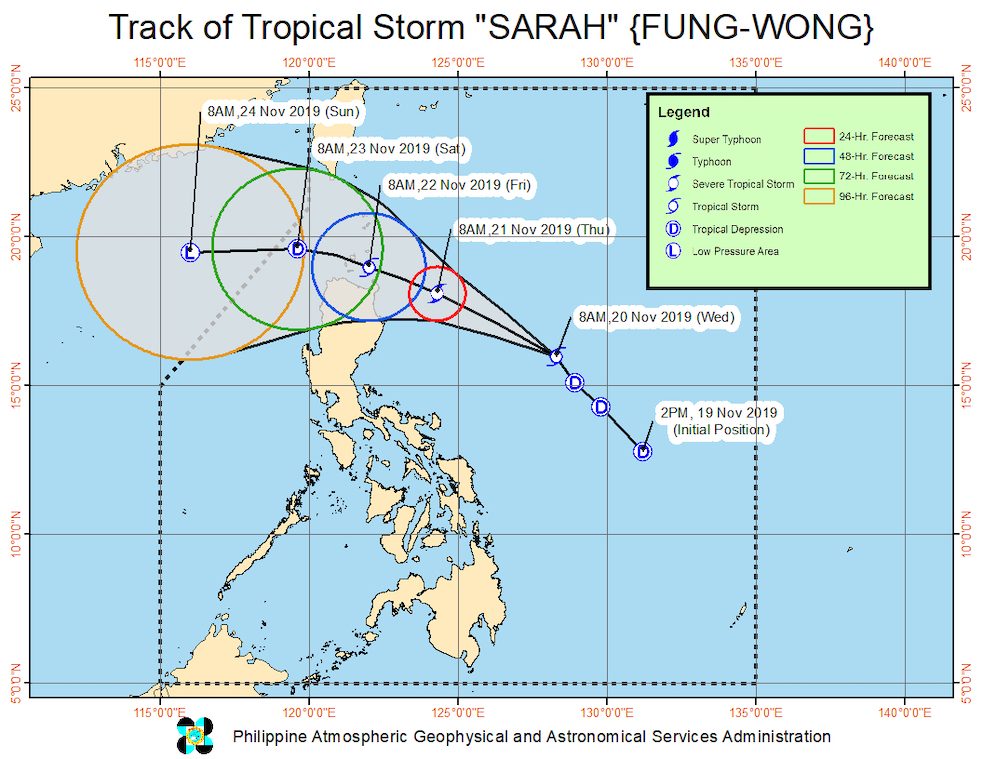 Forecast track of Tropical Storm Sarah (Fung-wong) as of November 20, 2019, 11 am. Image from PAGASA 