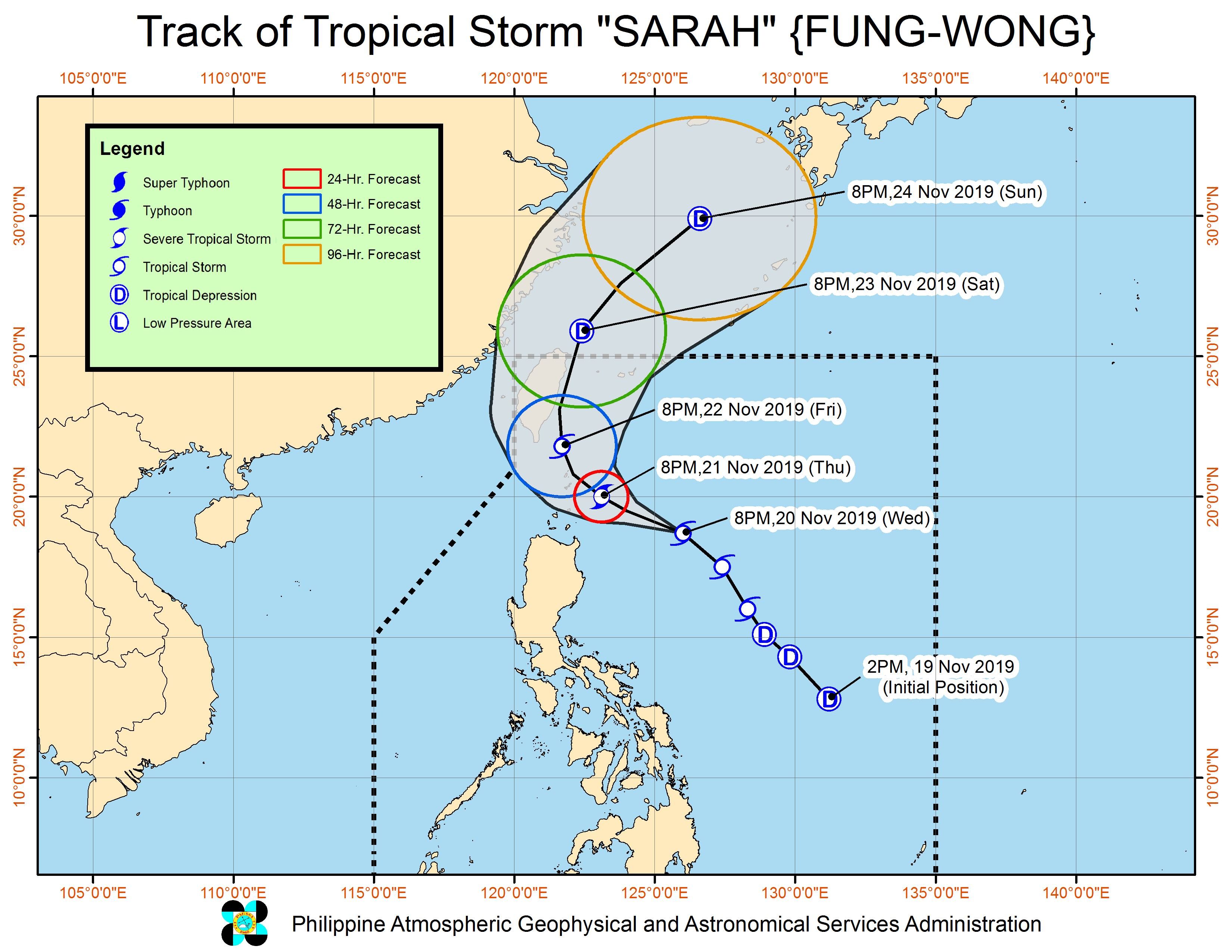 Forecast track of Tropical Storm Sarah (Fung-wong) as of November 20, 2019, 11 pm. Image from PAGASA 