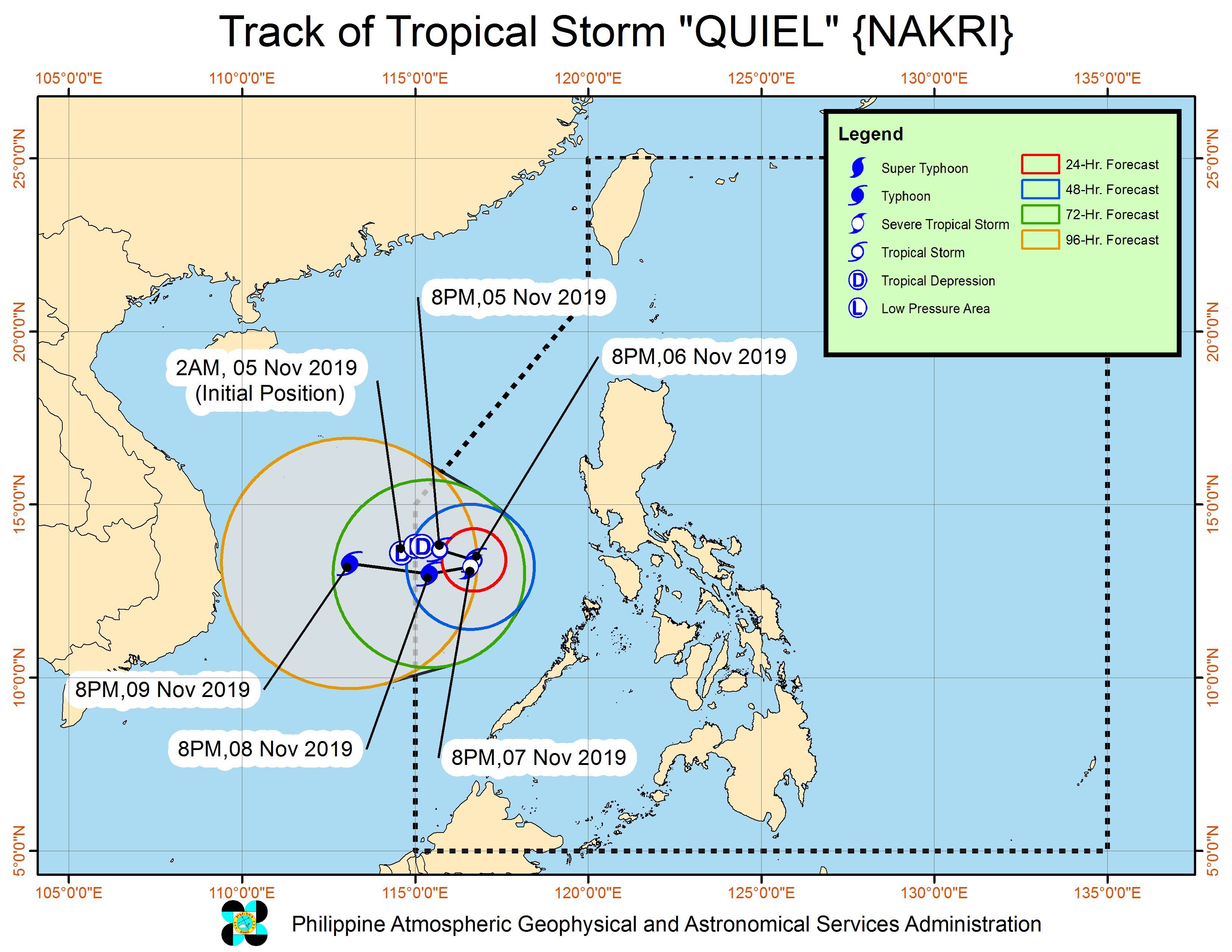 Forecast track of Tropical Storm Quiel (Nakri) as of November 5, 2019, 11 pm. Image from PAGASA 
