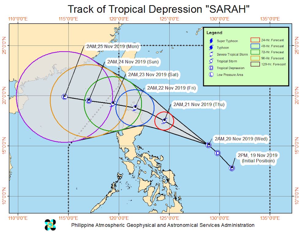 Forecast track of Tropical Depression Sarah as of November 20, 2019, 5 am. Image from PAGASA 