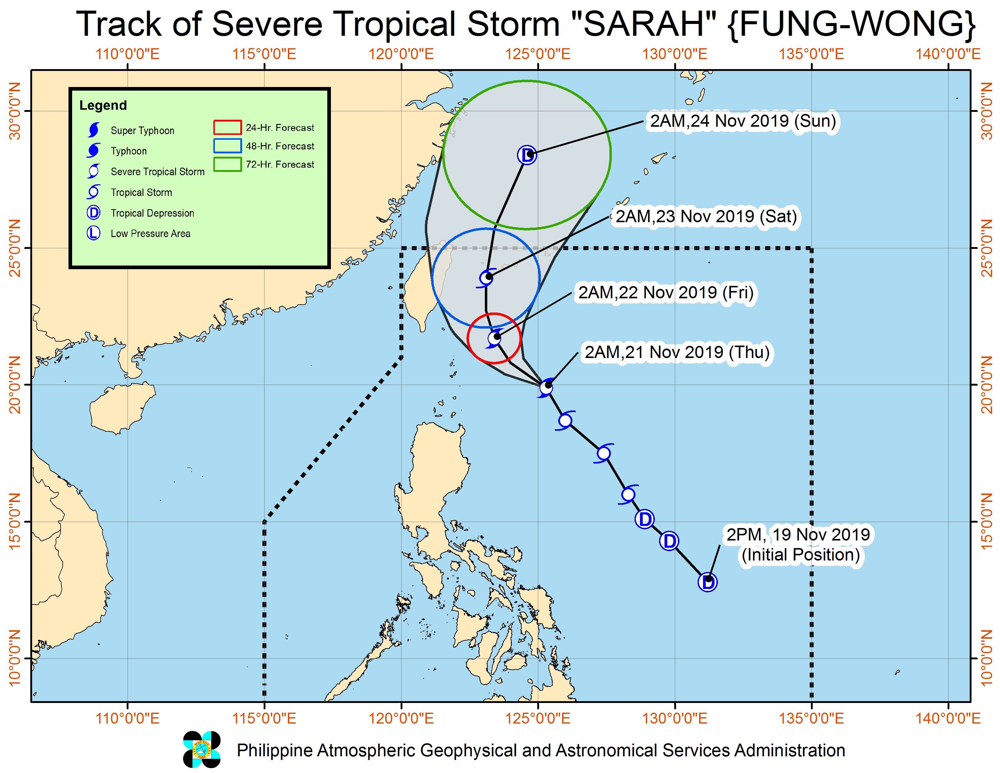 Forecast track of Severe Tropical Storm Sarah (Fung-wong) as of November 21, 2019, 5 am. Image from PAGASA 