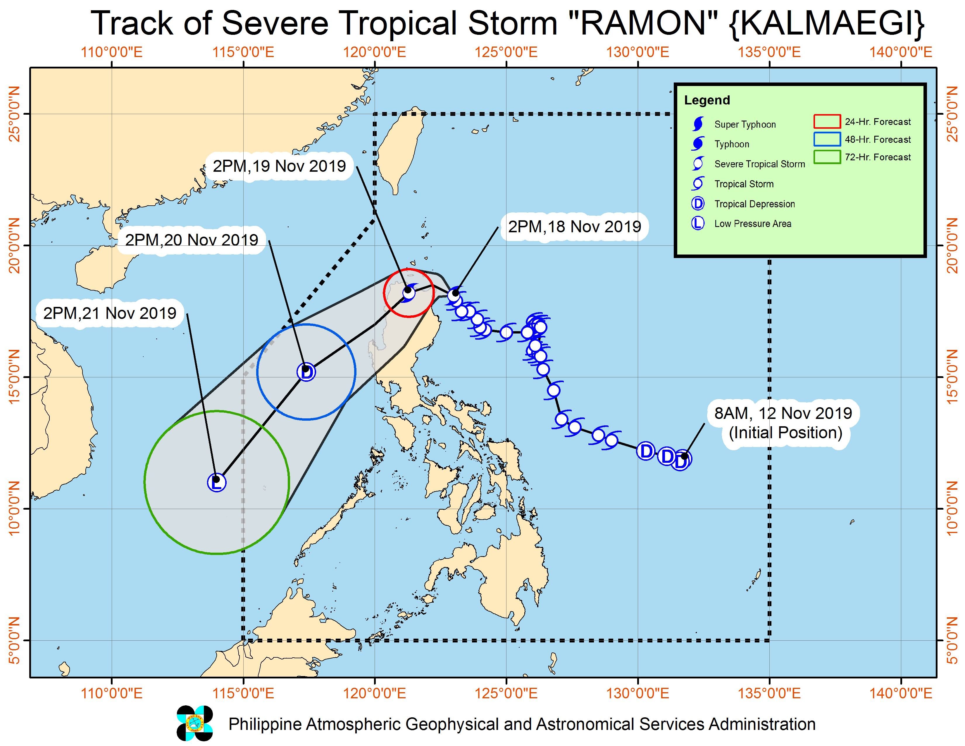 Forecast track of Severe Tropical Storm Ramon (Kalmaegi) as of November 18, 2019, 5 pm. Image from PAGASA 