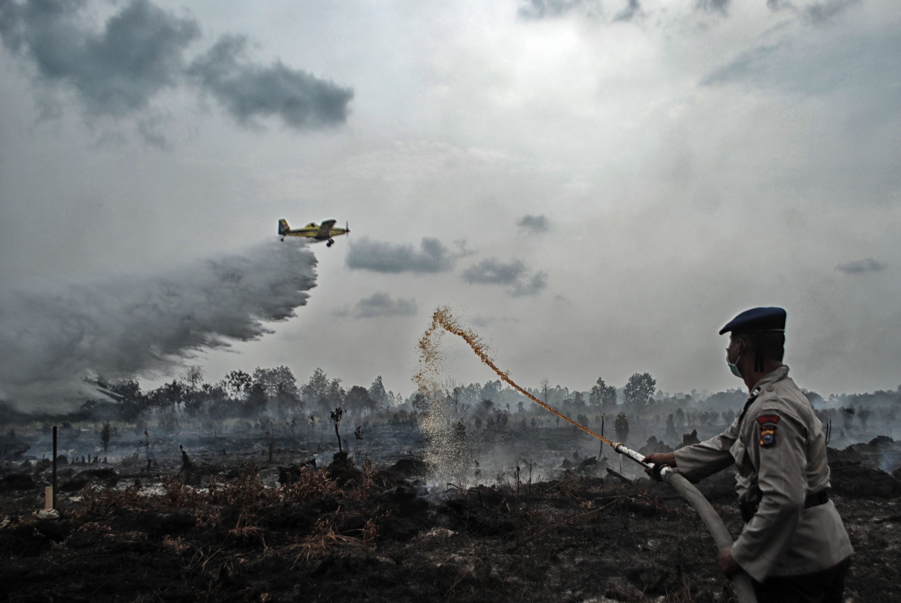 Petugas Kepolisian dibantu pesawat Air Tractor BNPB melakukan pemadaman kebakaran lahan gambut yang terjadi di Desa Rimbo Panjang, Kampar, Riau, pada 29 Agustus 2016. Foto oleh Rony Muharrman/Antara 