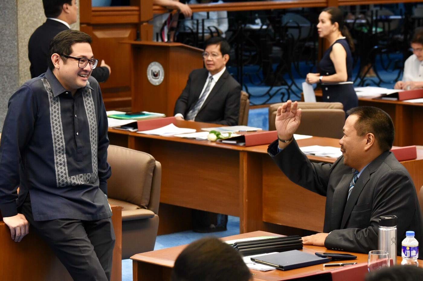 BACK TO WORK. Senators Bam Aquino and JV Ejercito, who both lost their reelection bids during the May 13 polls, chat during the Senate session on May 20, 2019. Photo by Angie de Silva/Rappler  