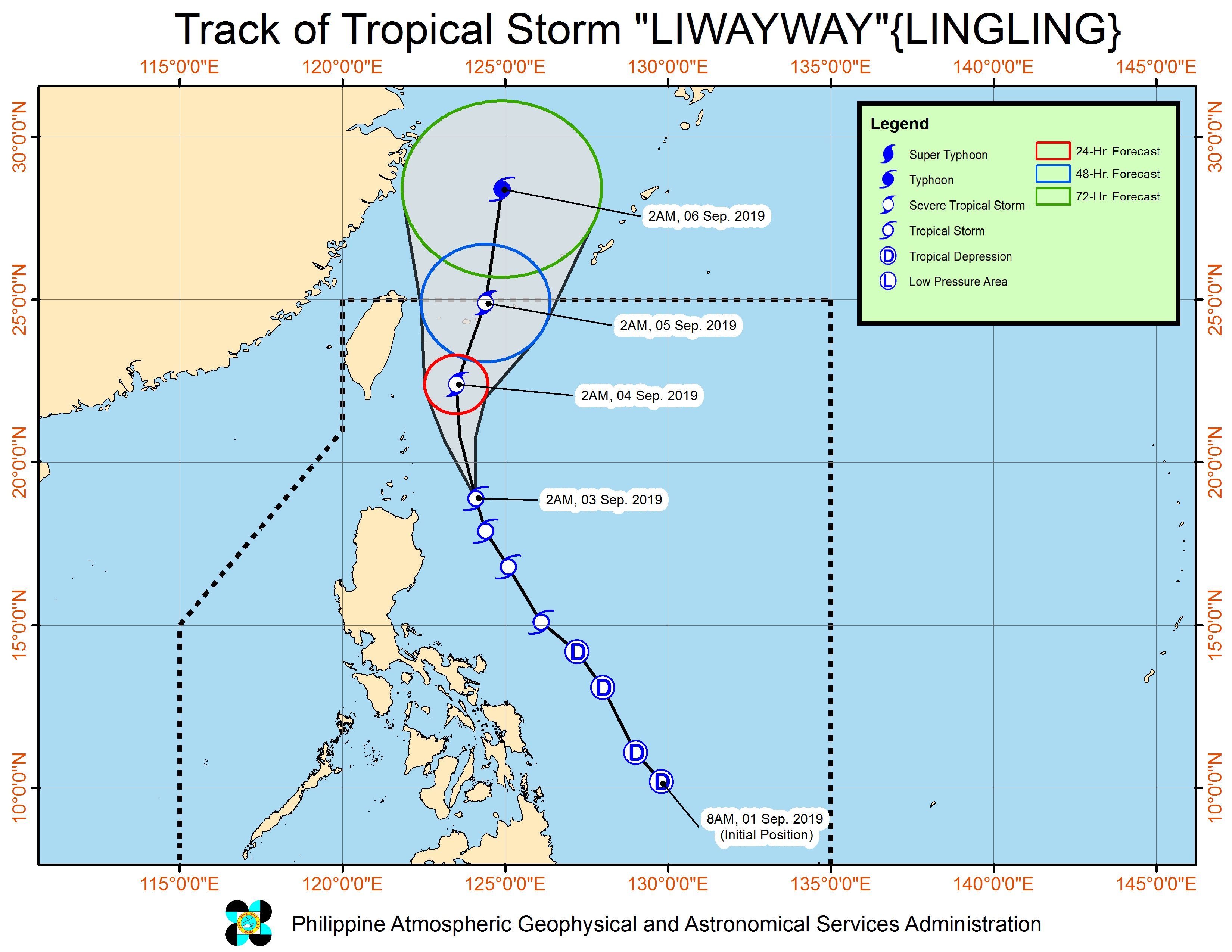 Forecast track of Tropical Storm Liwayway (Lingling) as of September 3, 2019, 5 am. Image from PAGASA 