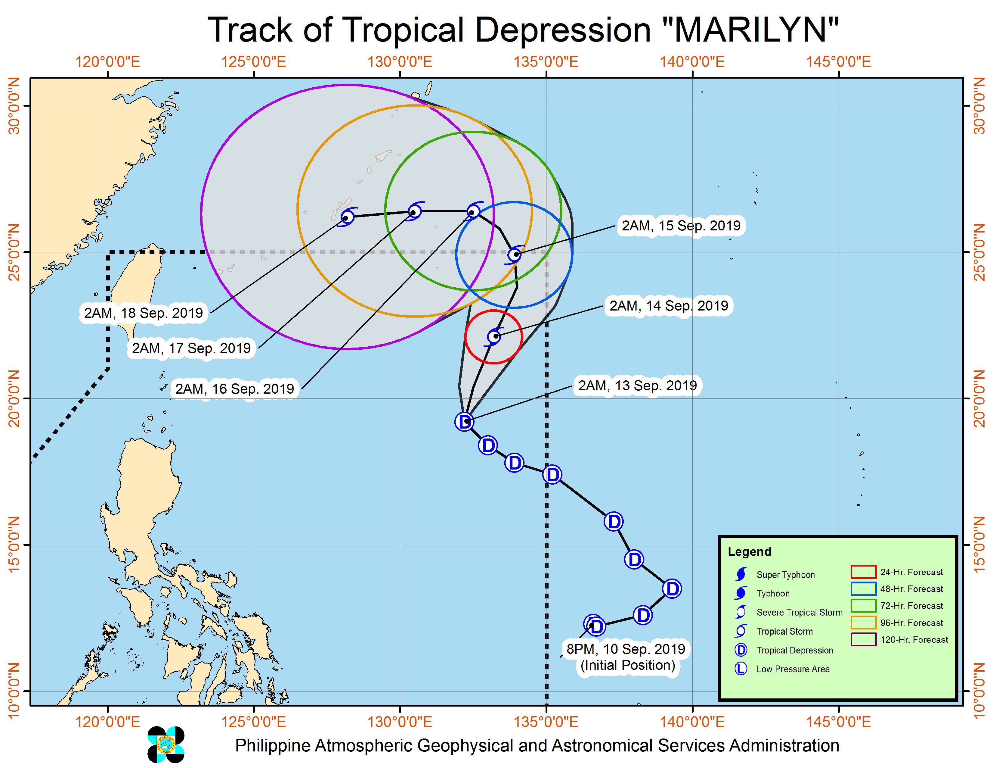 Forecast track of Tropical Depression Marilyn as of September 13, 2019, 5 am. Image from PAGASA 