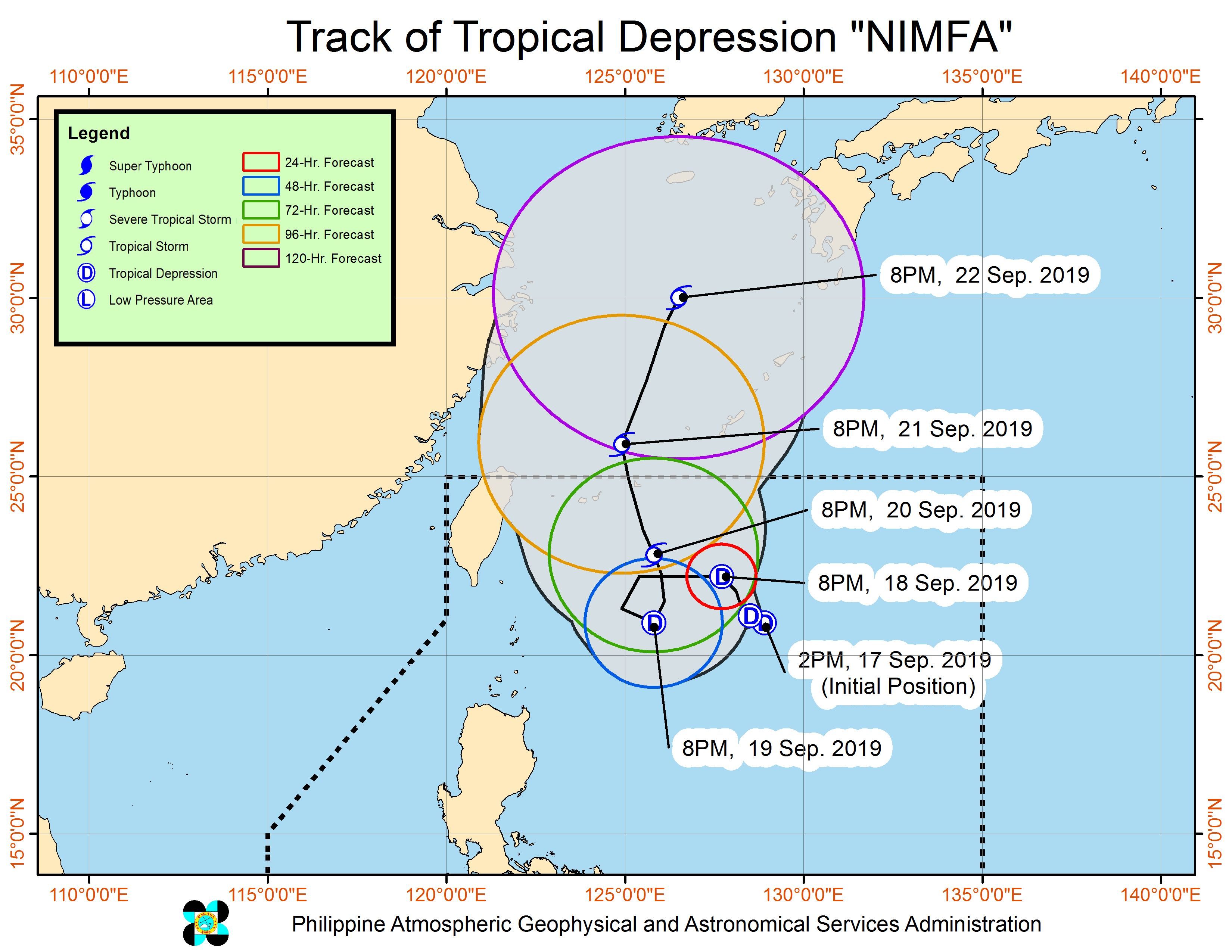 Forecast track of Tropical Depression Nimfa as of September 17, 2019, 11 pm. Image from PAGASA 