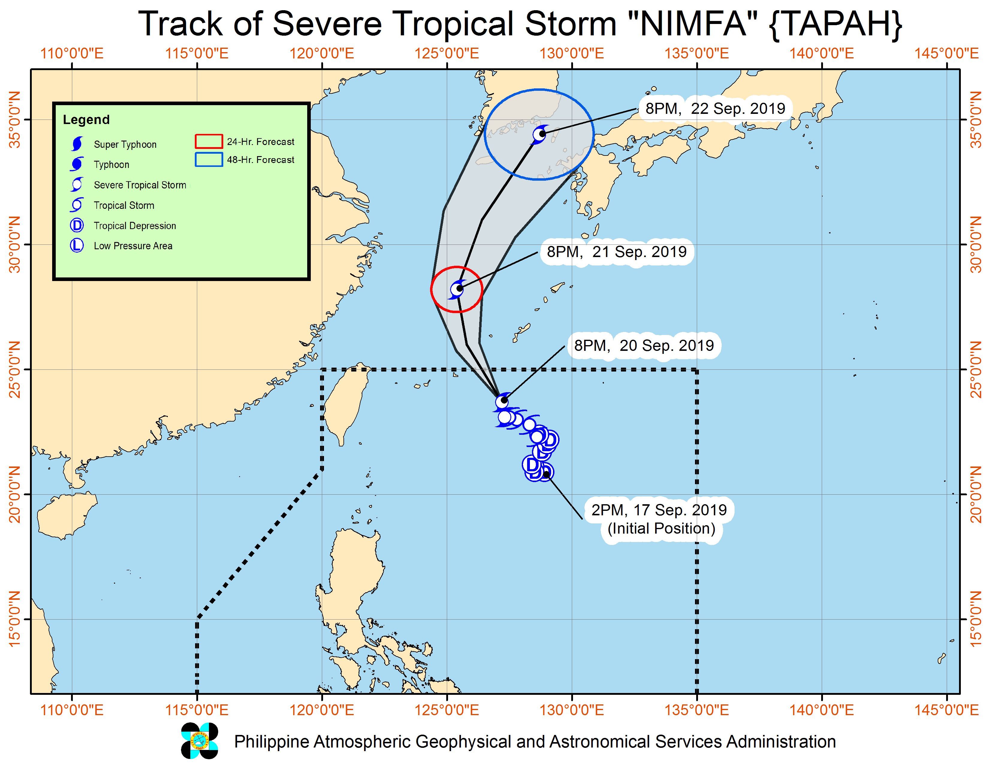 Forecast track of Severe Tropical Storm Nimfa (Tapah) as of September 20, 2019, 11 pm. Image from PAGASA 