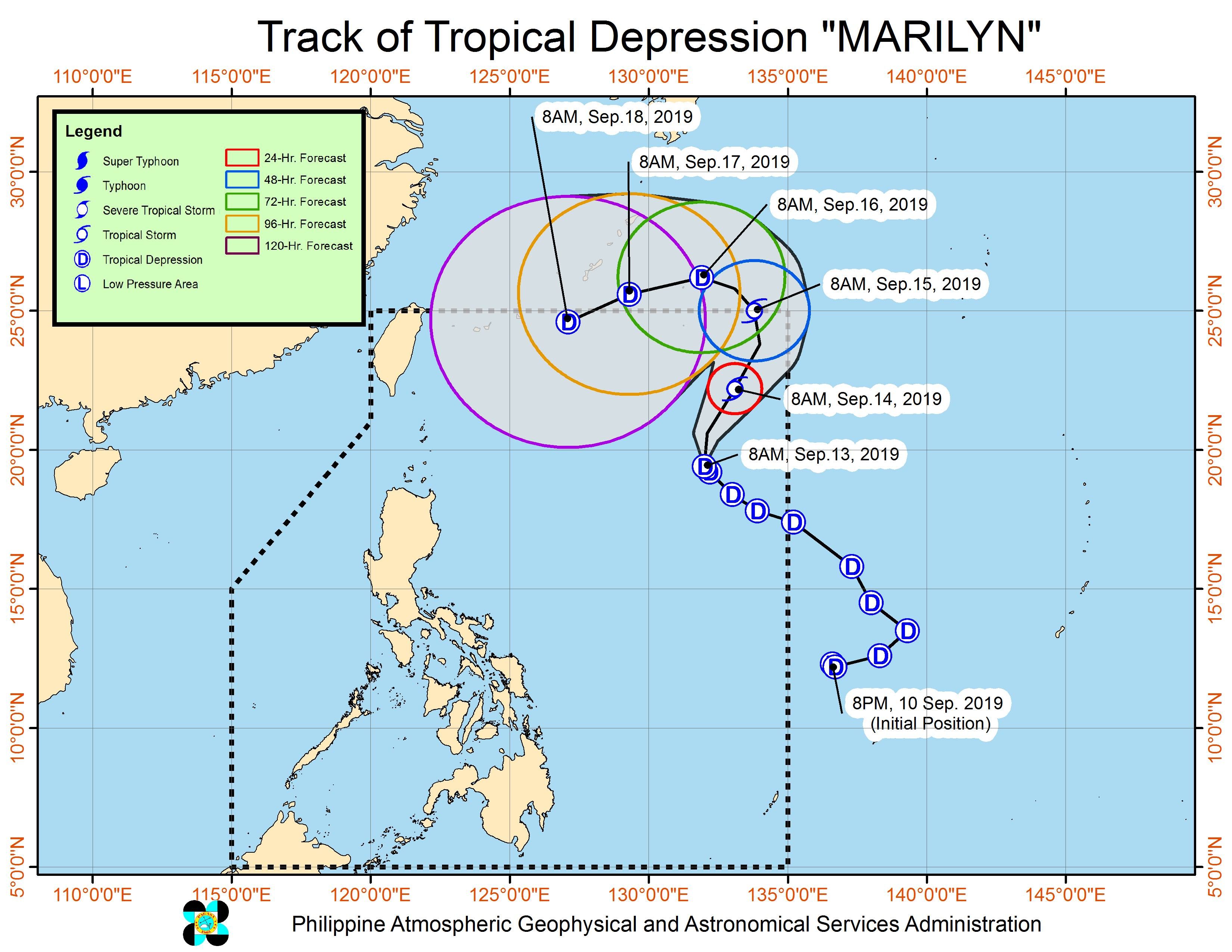 Forecast track of Tropical Depression Marilyn as of September 13, 2019, 11 am. Image from PAGASA 