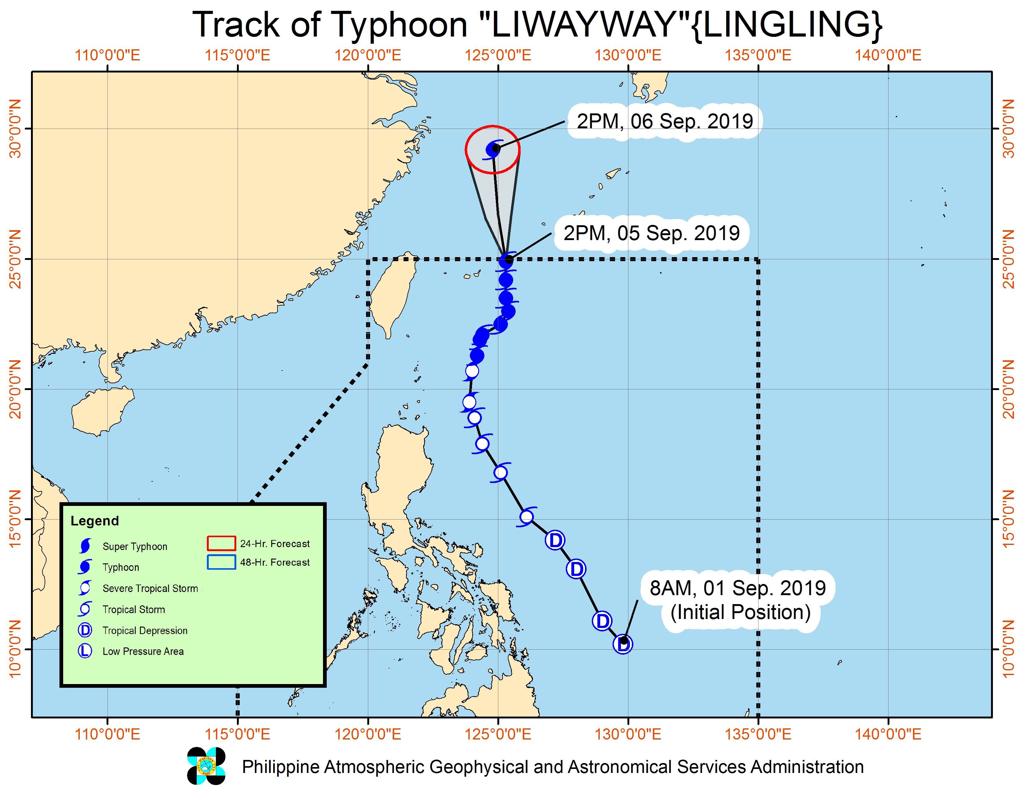 Forecast track of Typhoon Liwayway (Lingling) as of September 5, 2019, 5 pm. Image from PAGASA 