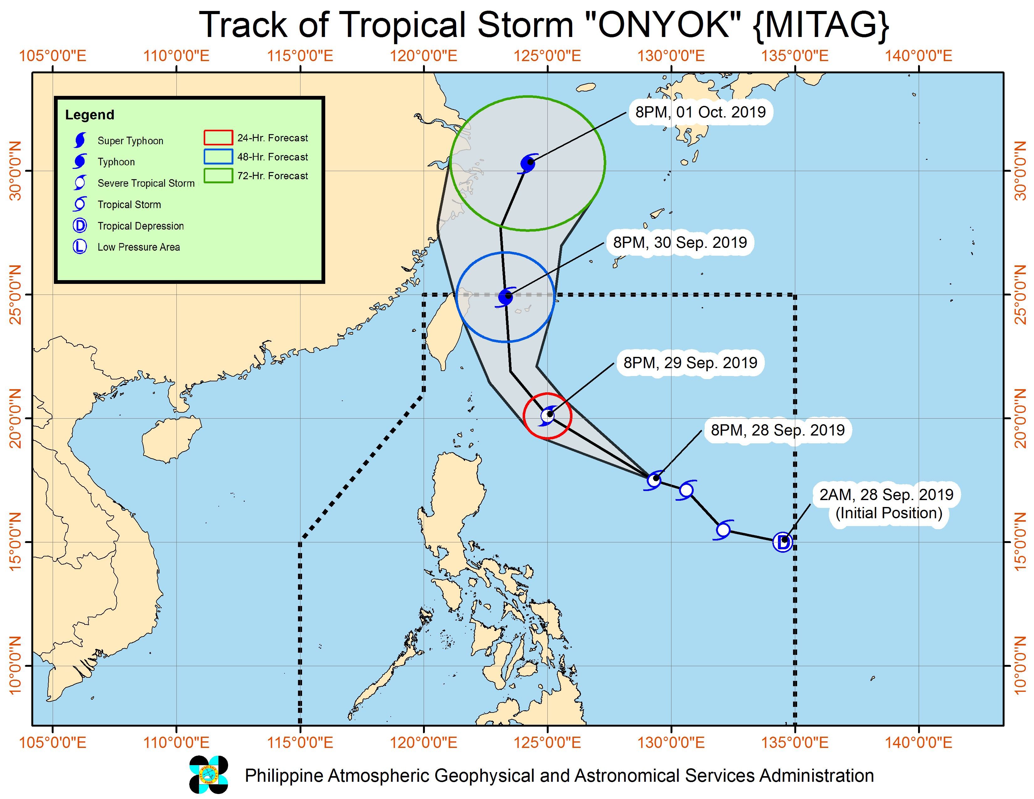 Forecast track of Tropical Storm Onyok (Mitag) as of September 28, 2019, 11 pm. Image from PAGASA 