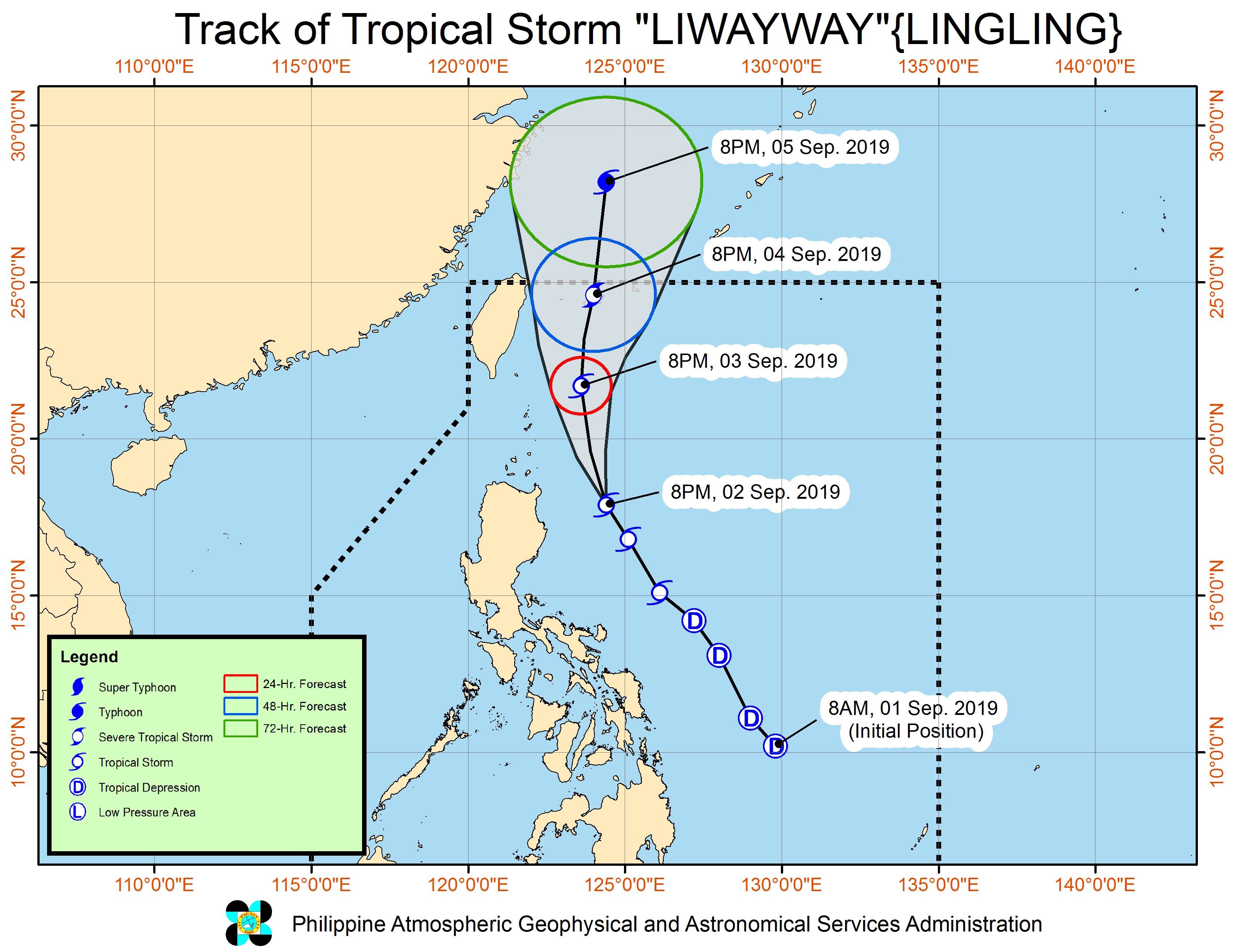 Forecast track of Tropical Storm Liwayway (Lingling) as of September 2, 2019, 11 pm. Image from PAGASA 