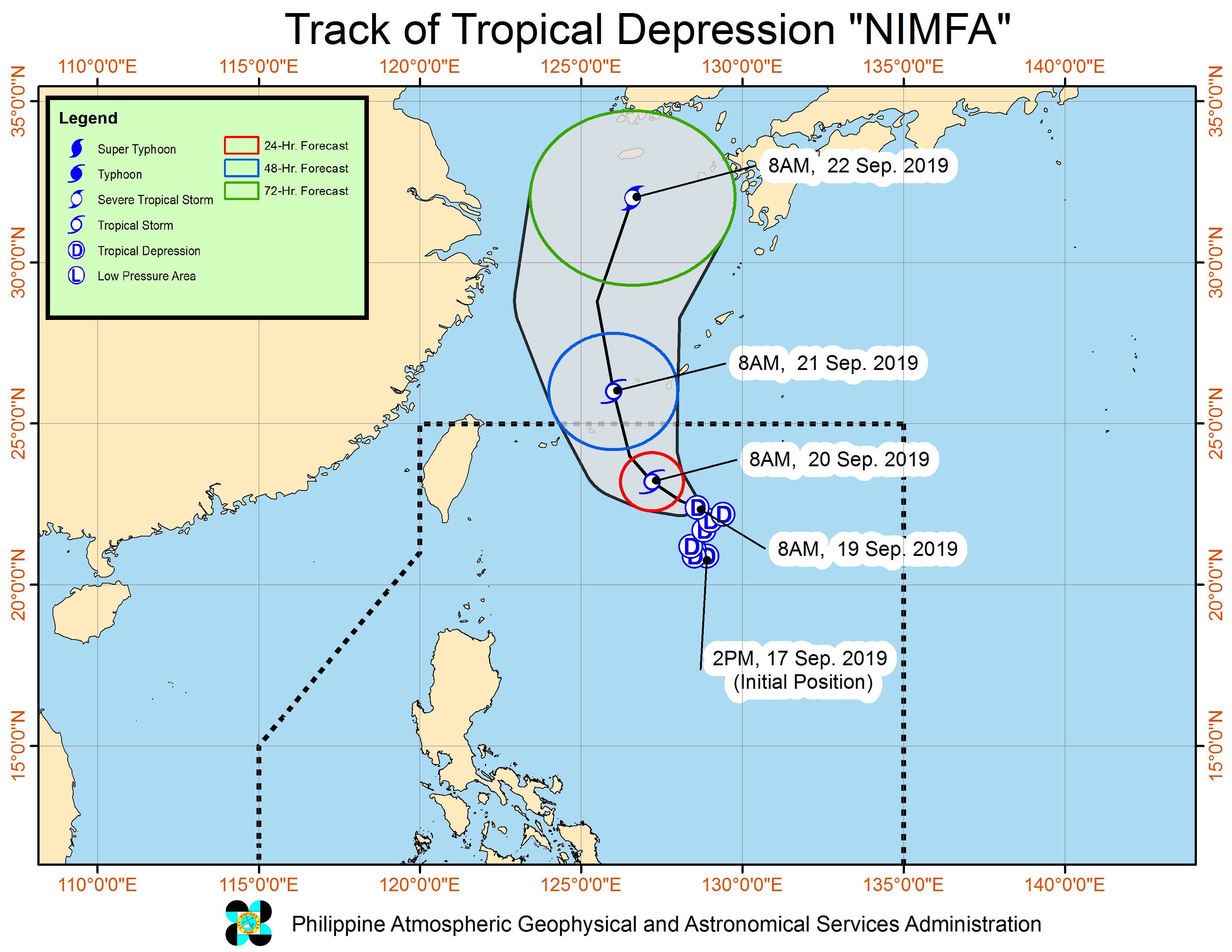 Forecast track of Tropical Depression Nimfa as of September 19, 2019, 11 am. Image from PAGASA 