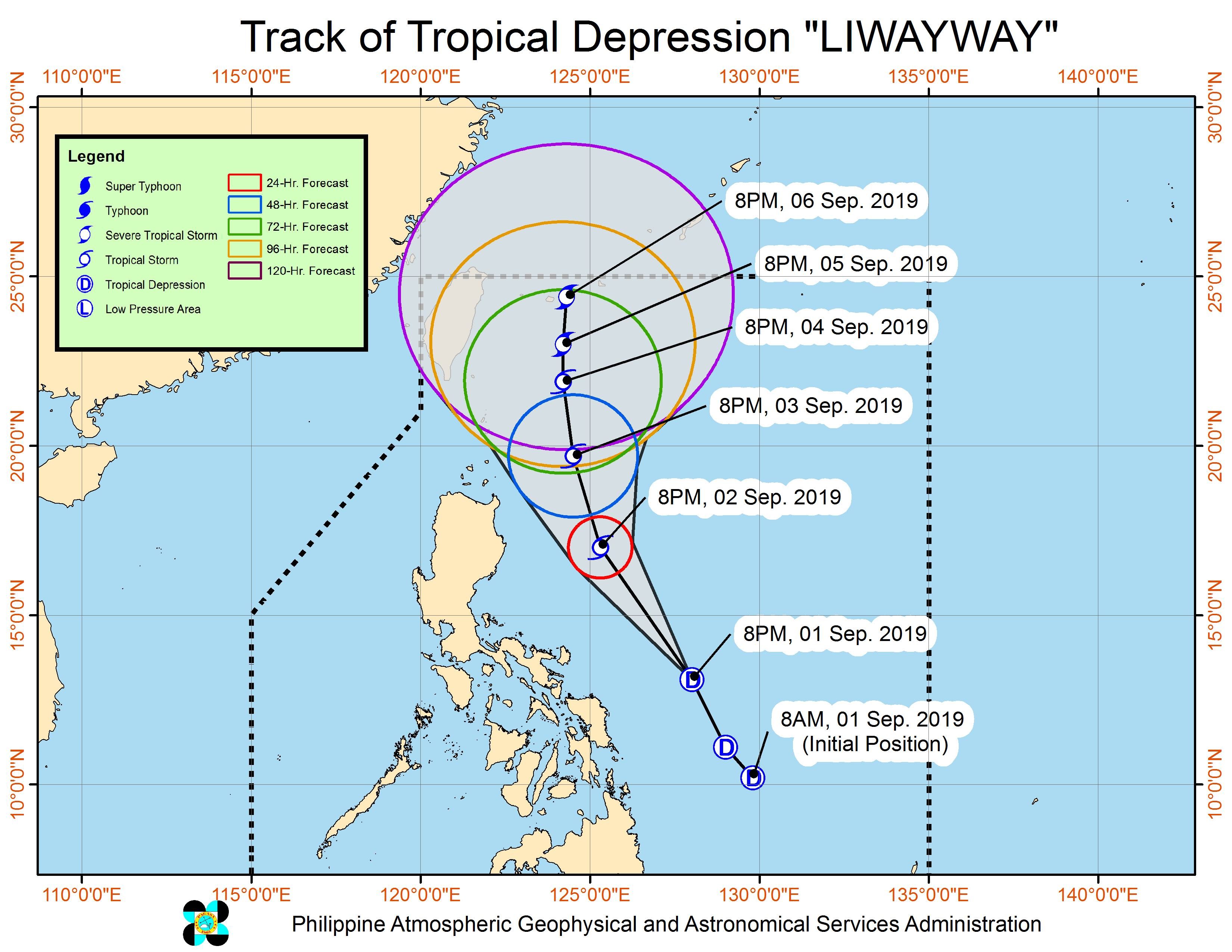 Forecast track of Tropical Depression Liwayway as of September 1, 2019, 11 pm. Image from PAGASA 