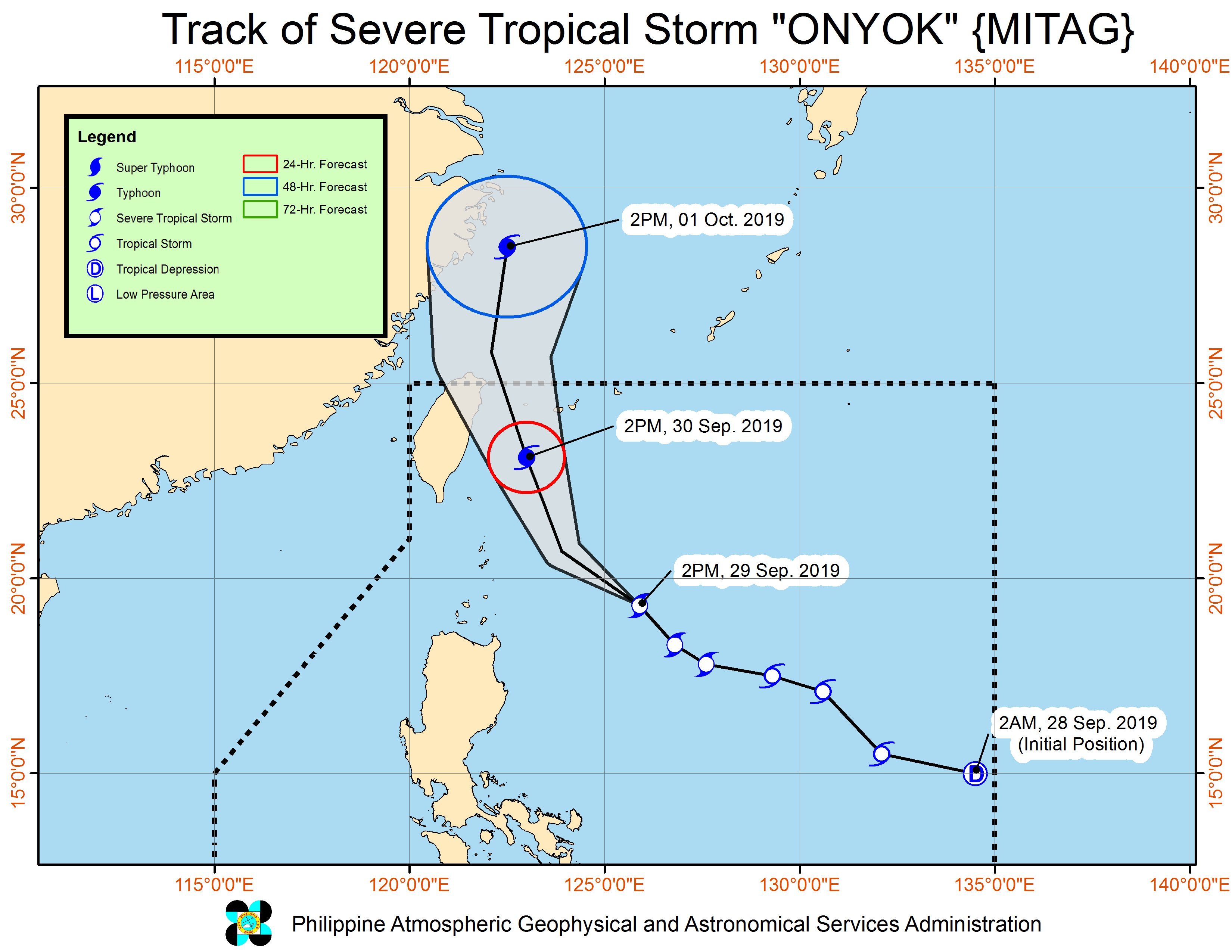 Forecast track of Severe Tropical Storm Onyok (Mitag) as of September 29, 2019, 5 pm. Image from PAGASA 