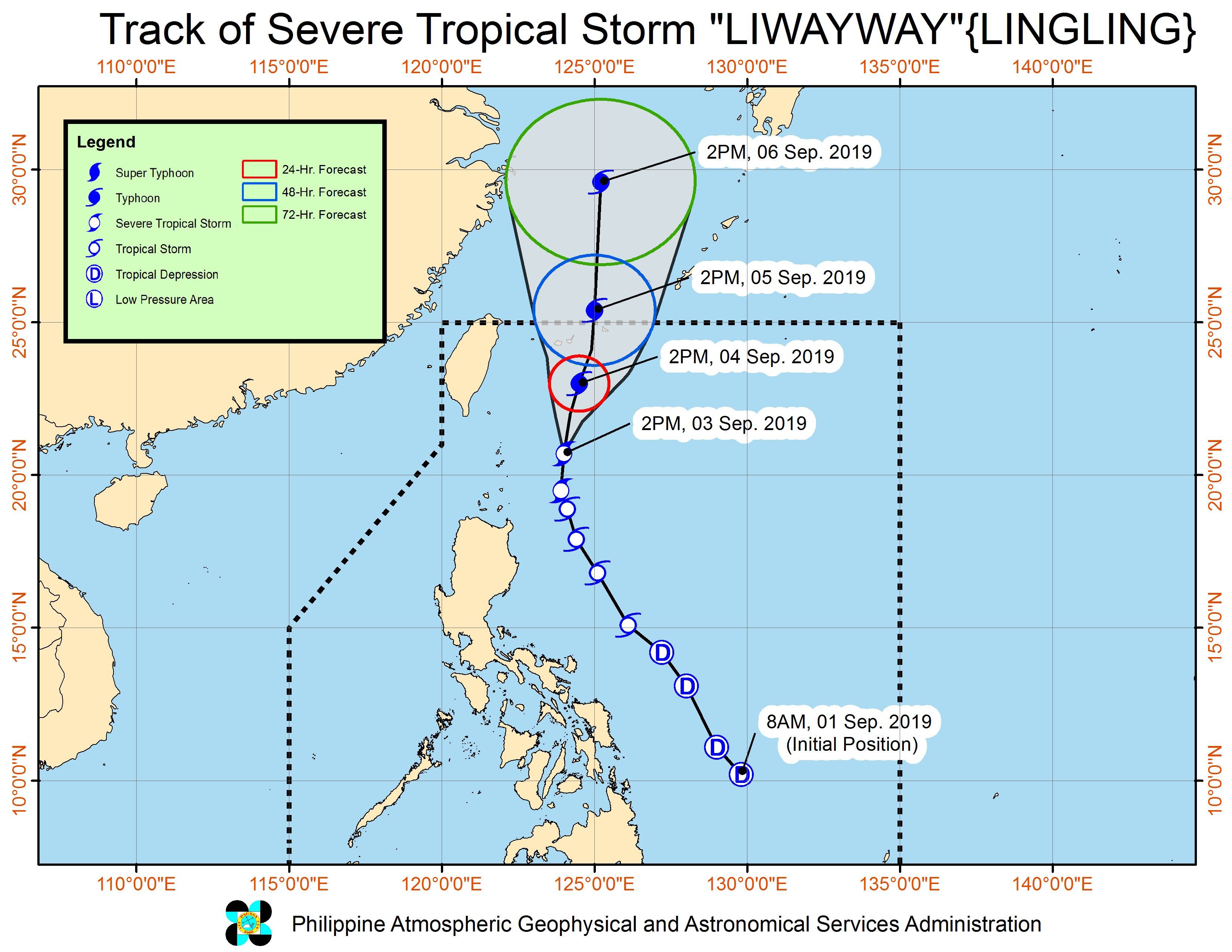 Forecast track of Severe Tropical Storm Liwayway (Lingling) as of September 3, 2019, 5 pm. Image from PAGASA 
