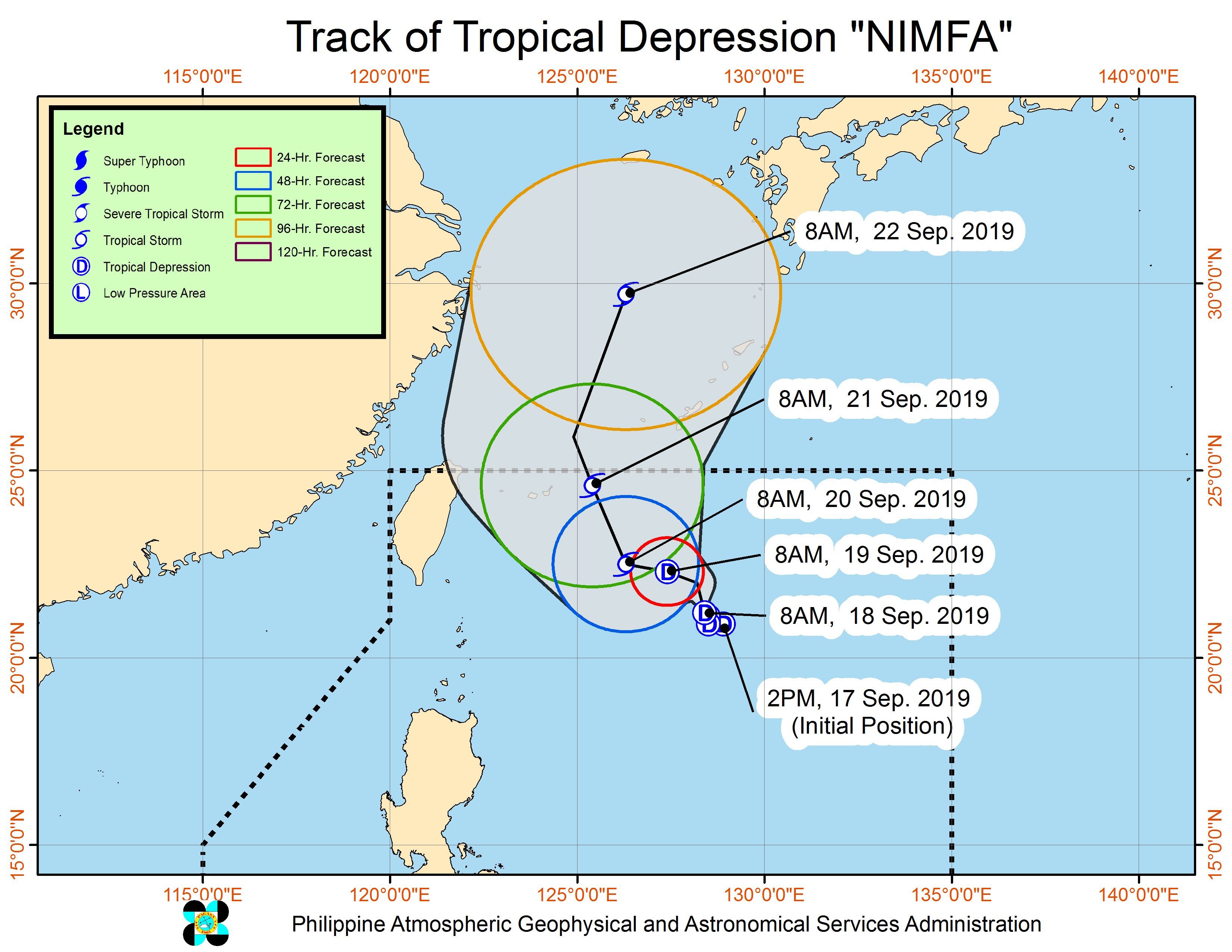 Forecast track of Tropical Depression Nimfa as of September 18, 2019, 11 am. Image from PAGASA 