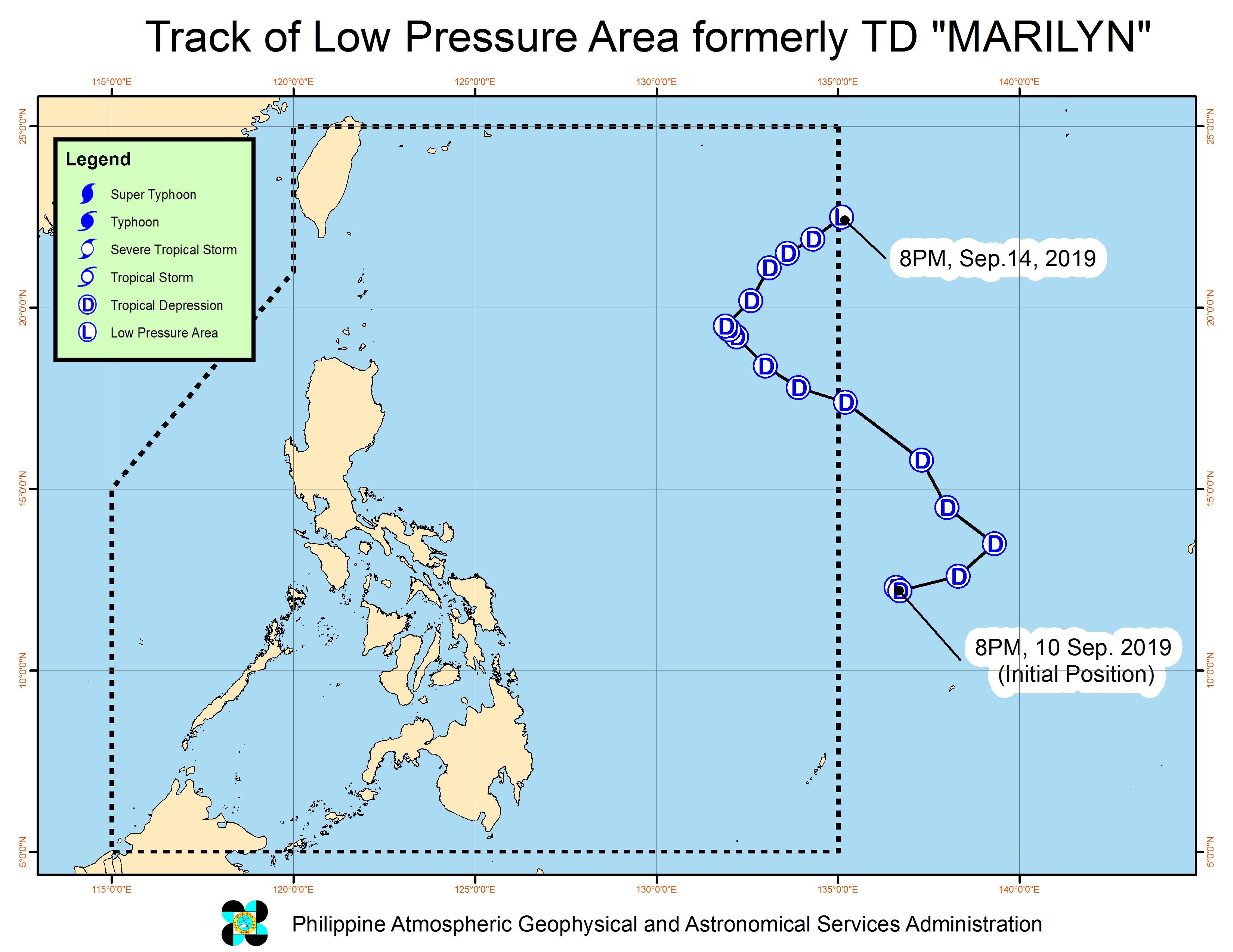 Forecast track of the low pressure area which used to be Tropical Depression Marilyn, as of September 14, 2019, 11 pm. Image from PAGASA 