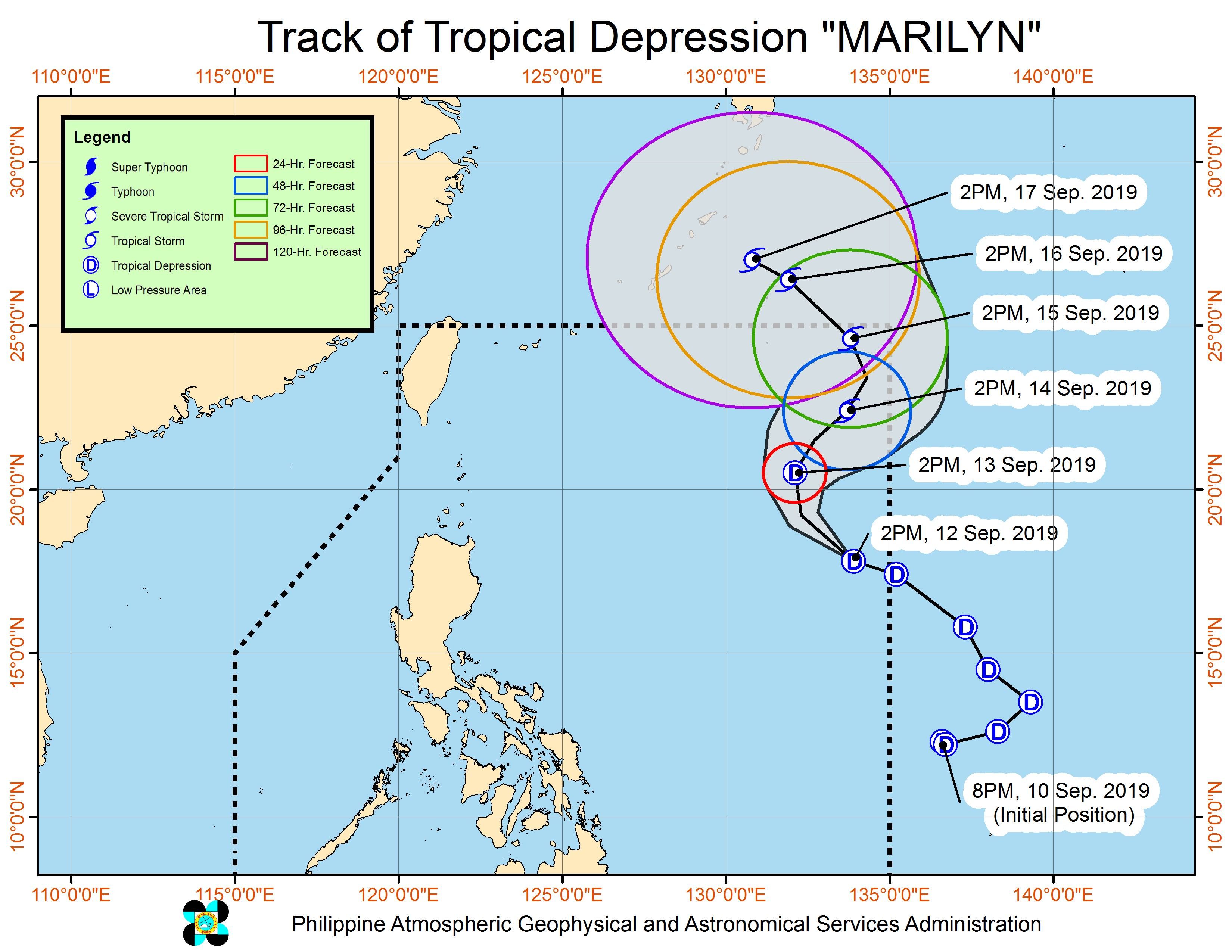 Forecast track of Tropical Depression Marilyn as of September 12, 2019, 5 pm. Image from PAGASA 