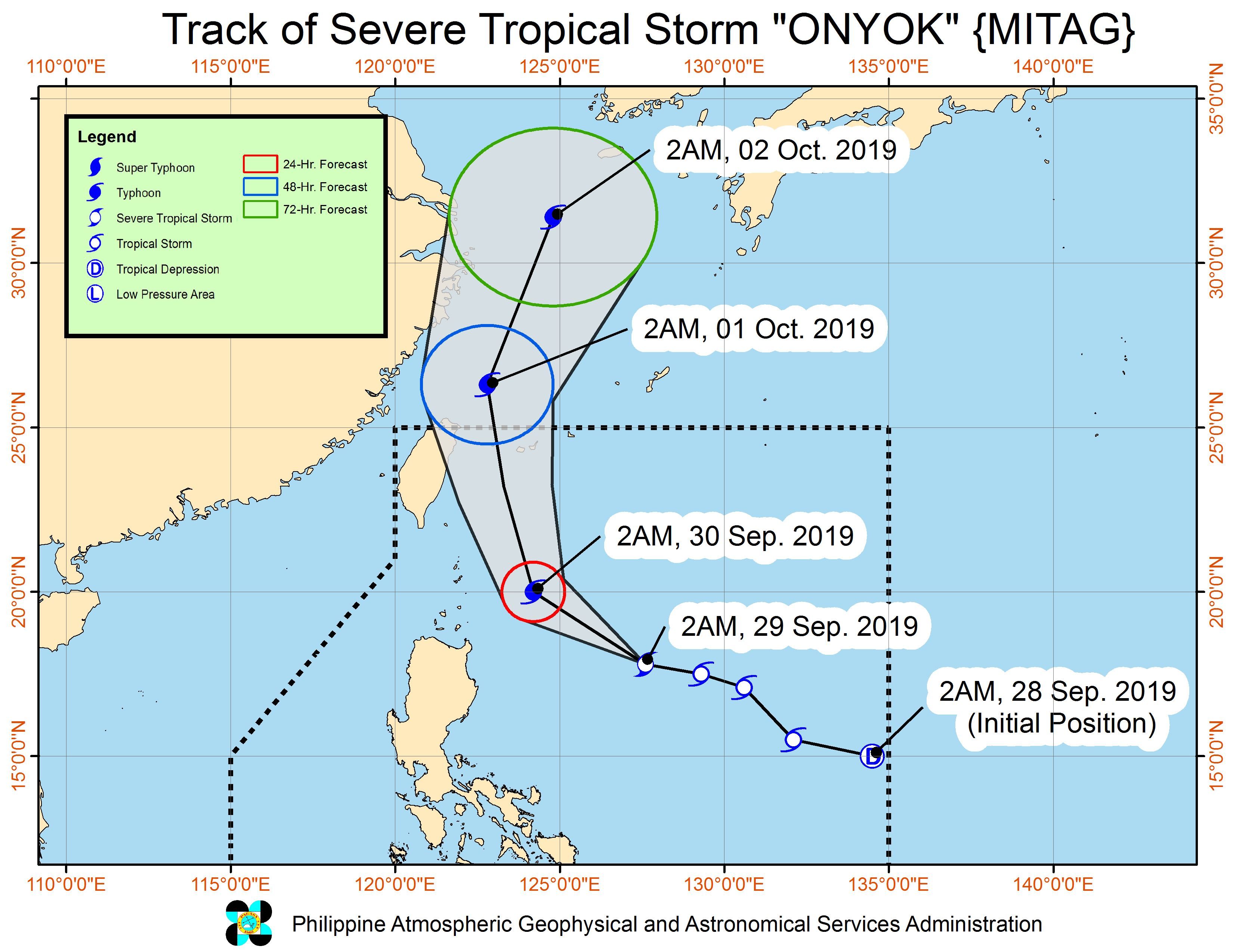 Forecast track of Severe Tropical Storm Onyok (Mitag) as of September 29, 2019, 5 am. Image from PAGASA 