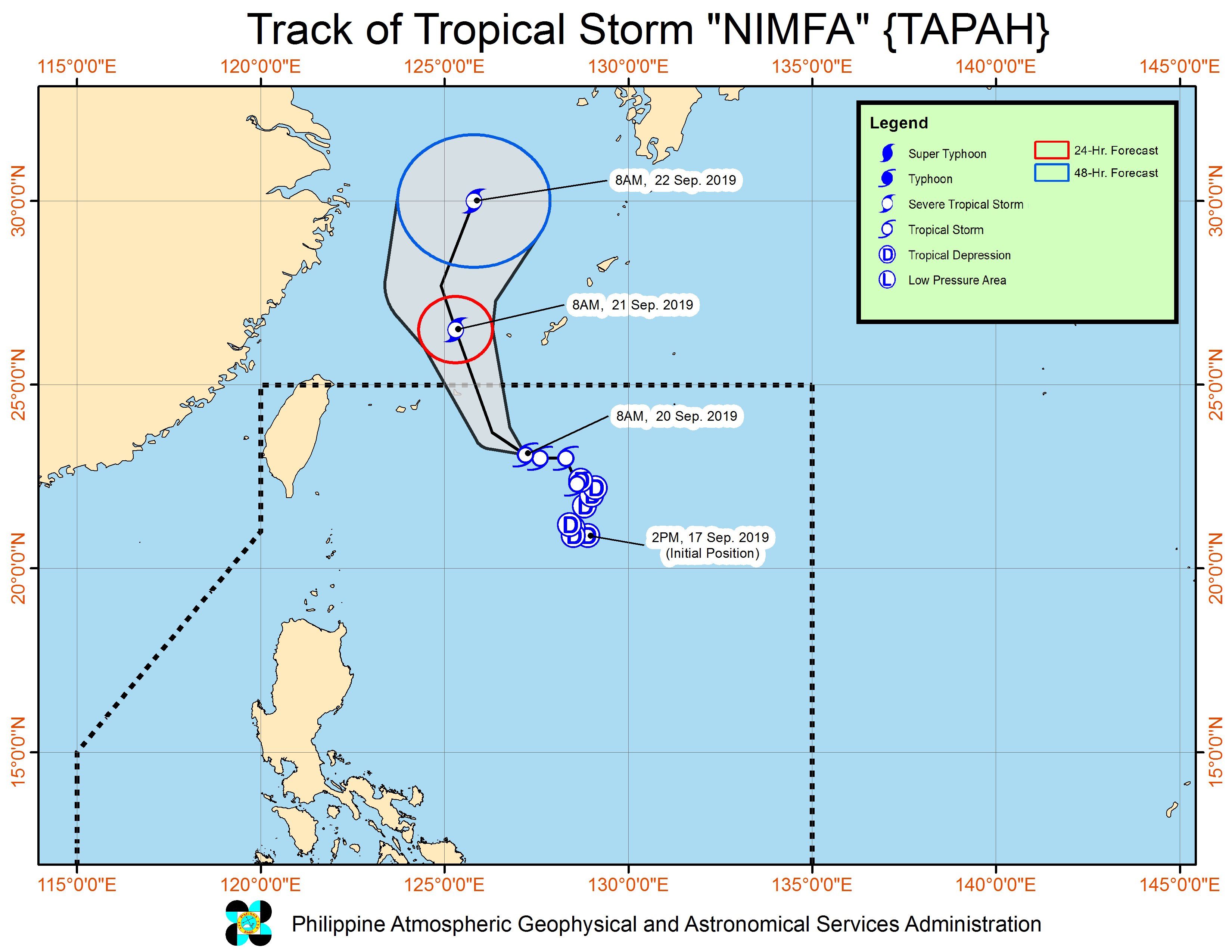 Forecast track of Tropical Storm Nimfa (Tapah) as of September 20, 2019, 11 am. Image from PAGASA 