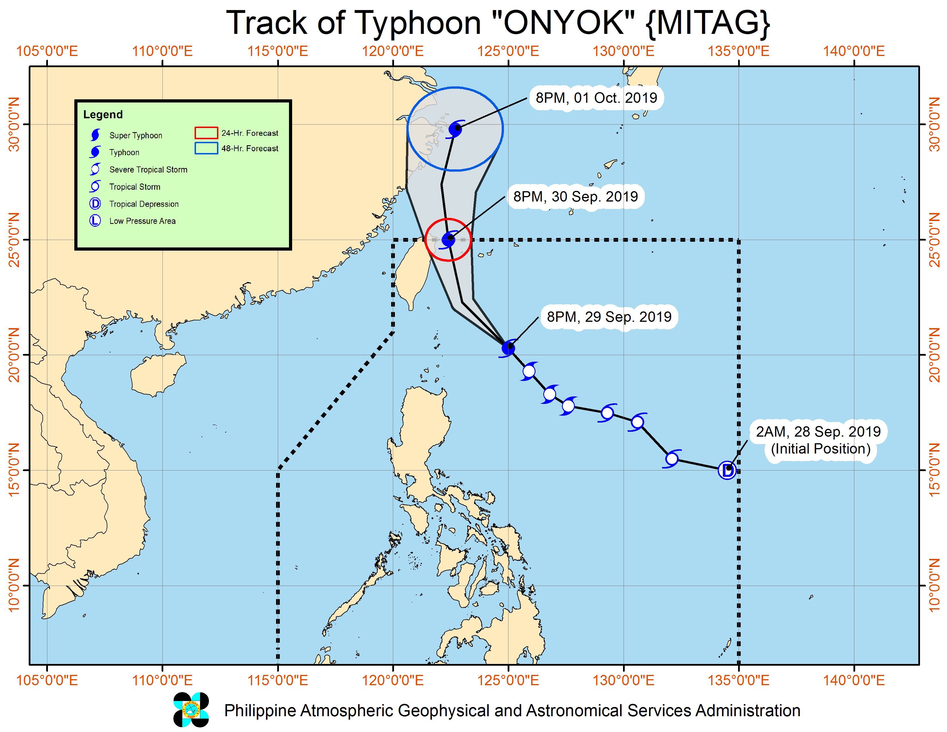 Forecast track of Typhoon Onyok (Mitag) as of September 29, 2019, 11 pm. Image from PAGASA 