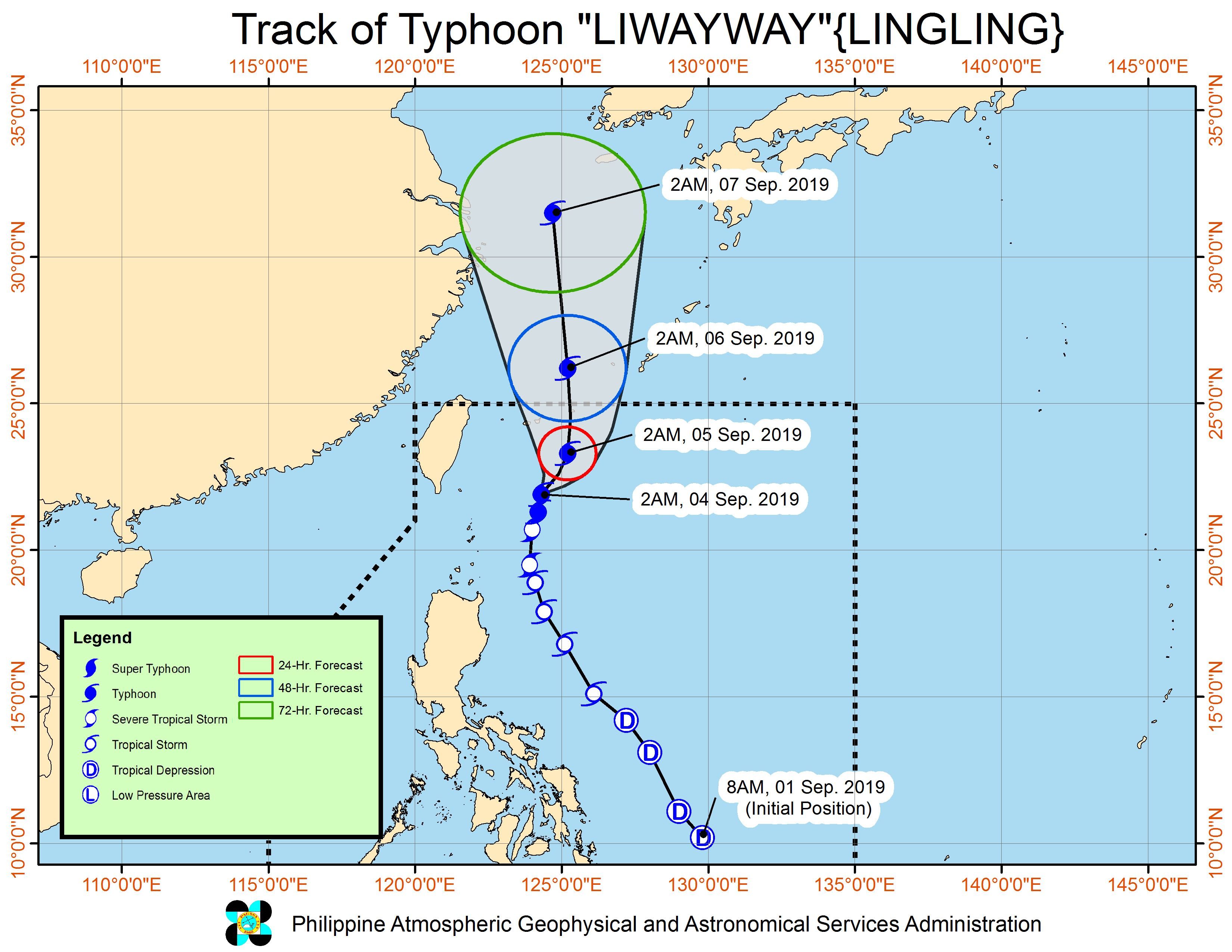 Forecast track of Typhoon Liwayway (Lingling) as of September 4, 2019, 5 am. Image from PAGASA 