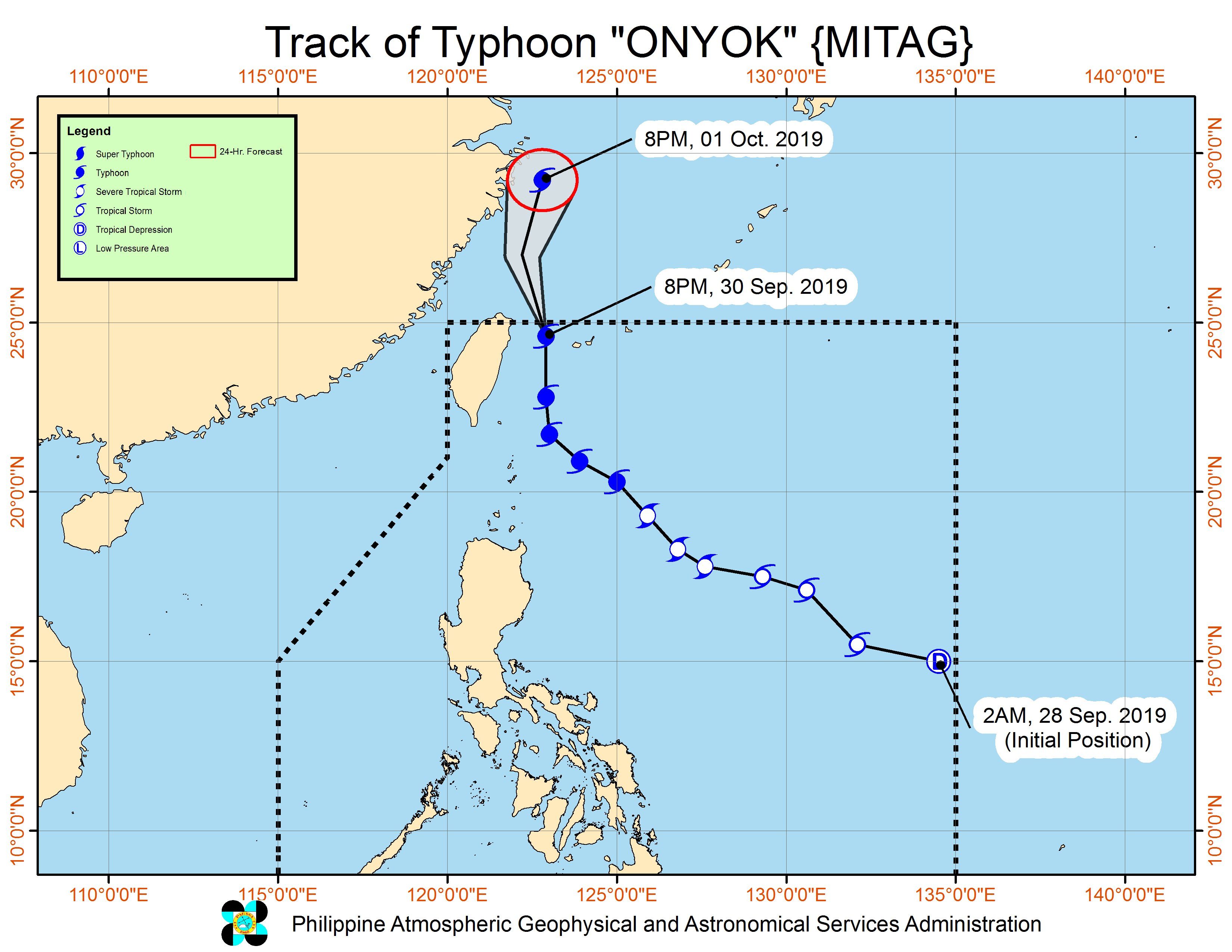Forecast track of Typhoon Onyok (Mitag) as of September 30, 2019, 11 pm. Image from PAGASA 