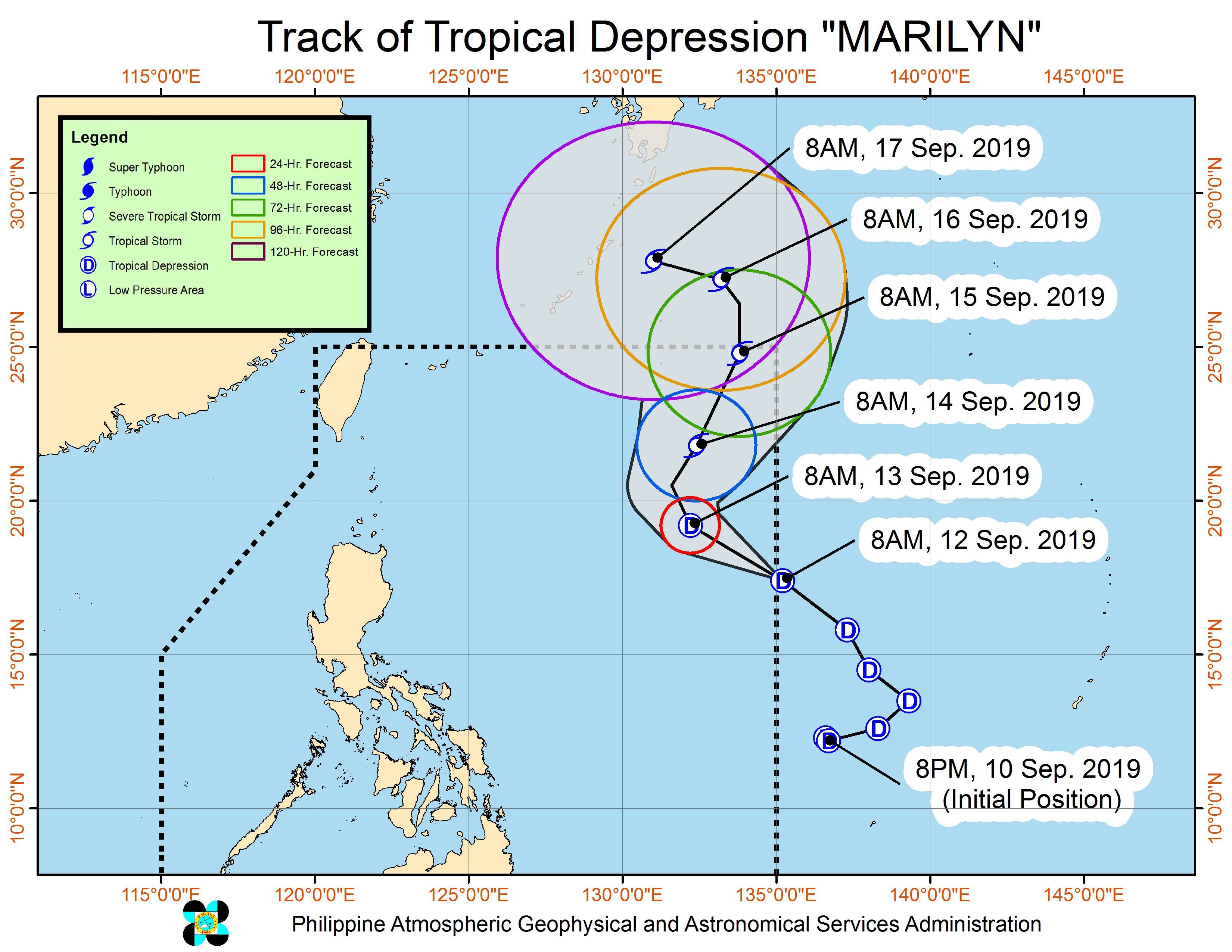 Forecast track of Tropical Depression Marilyn as of September 12, 2019, 11 am. Image from PAGASA 
